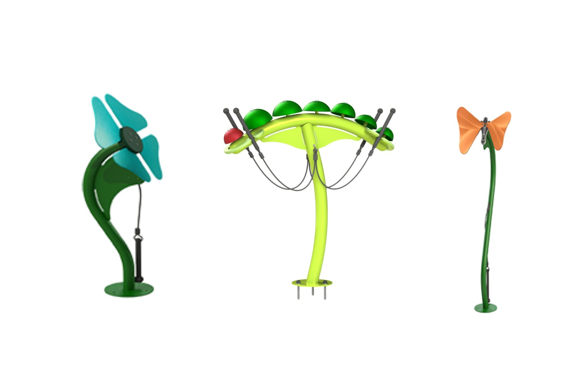 Metamorphosis Ensemble outdoor musical instruments shaped like blue flower, green caterpillar arc with mallets, and orange butterfly for park play