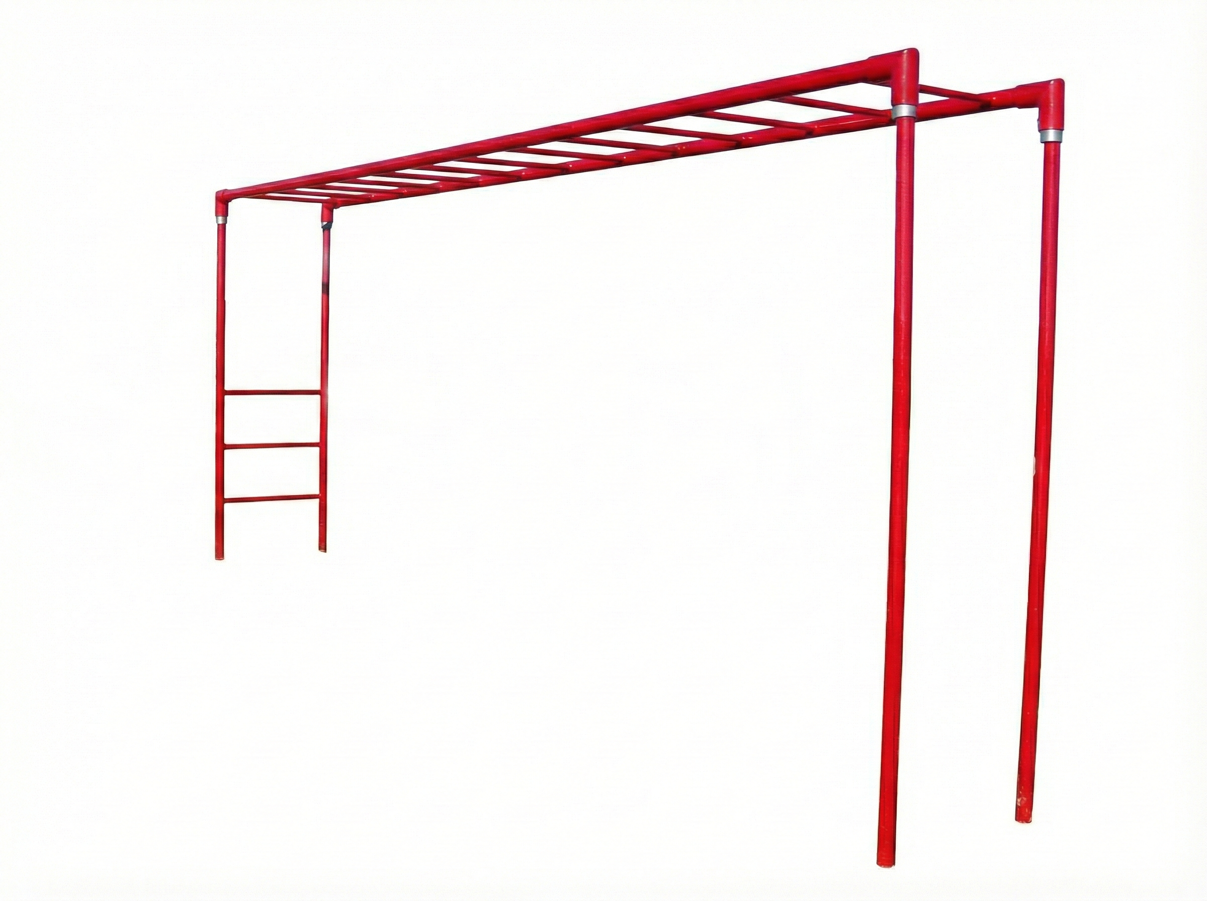 Inclined Challenge Ladder red metal climbing structure with angled rungs, outdoor fitness and playground climbing equipment with children playing