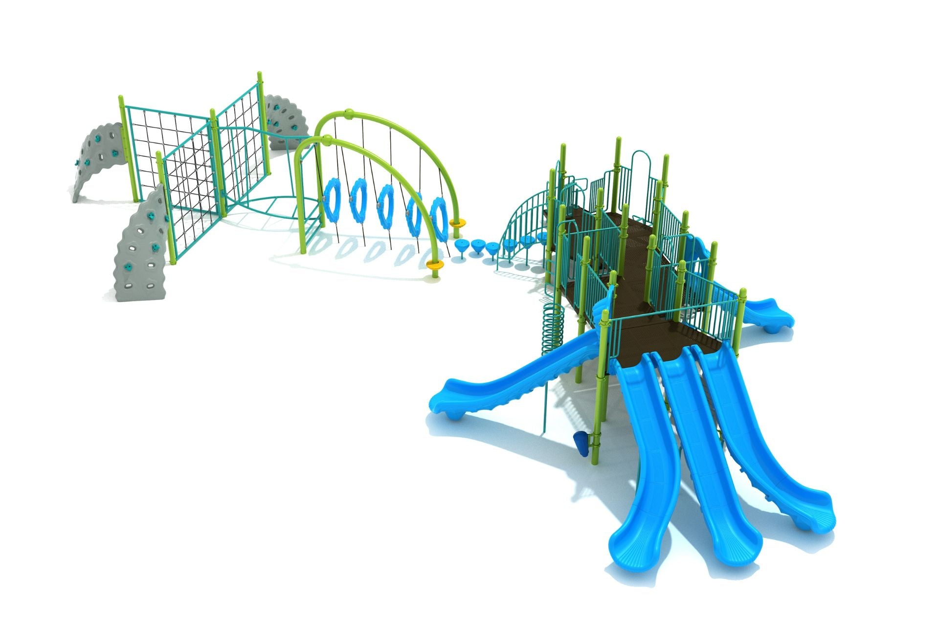 Mount Humphrey Playground with multiple blue slides, green climbing structures, interconnected obstacle course including net, spiral, and balance bridges