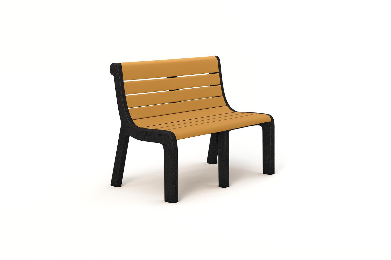Newport Recycled Plastic Park Bench with cedar-colored slatted seat and backrest, black metal legs, front view