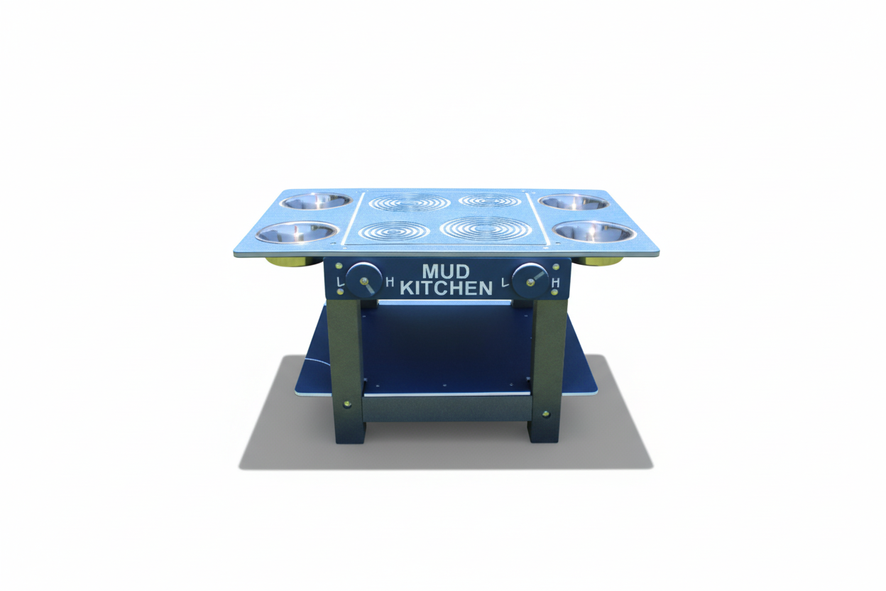 Blue and gray outdoor children's mud kitchen with four metal bowls, two turning knobs, and a lower shelf for sensory play and exploration