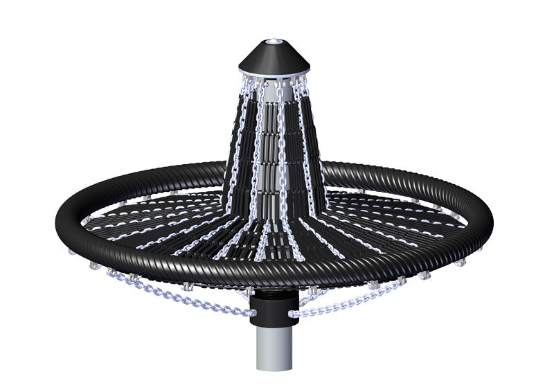 Mushroom Spinner black merry go round with elevated center, chain details, and circular frame for versatile spinning play