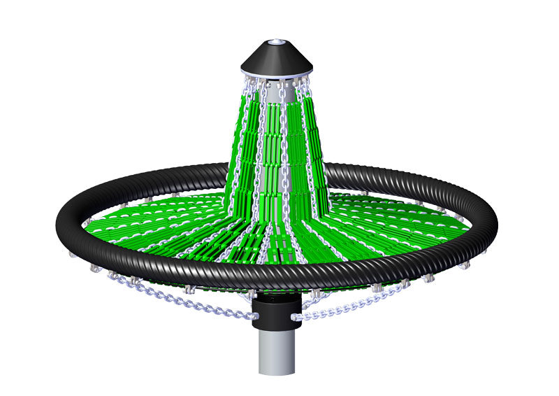 Green and black mushroom-shaped playground spinner with chain-linked seats and elevated center post for group play