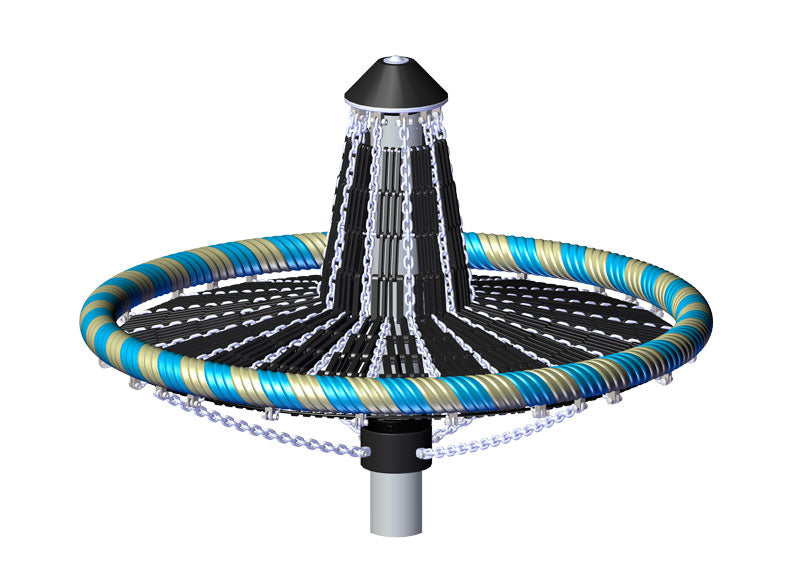 Elevated mushroom-shaped playground spinner with blue, gold, and black circular frame and chain details for active children's play