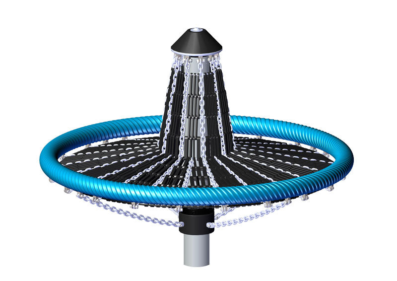 Blue and black mushroom-shaped playground spinner with textured grip ring and chain details for active children's play