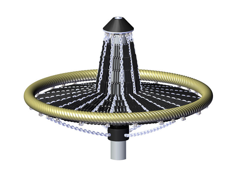 Black and gold circular playground spinner with elevated center and chain supports for safe children's play