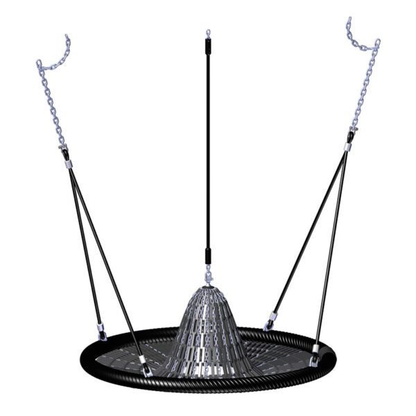 Round black playground spinner with elevated center cone, suspended by chains for solo or group play
