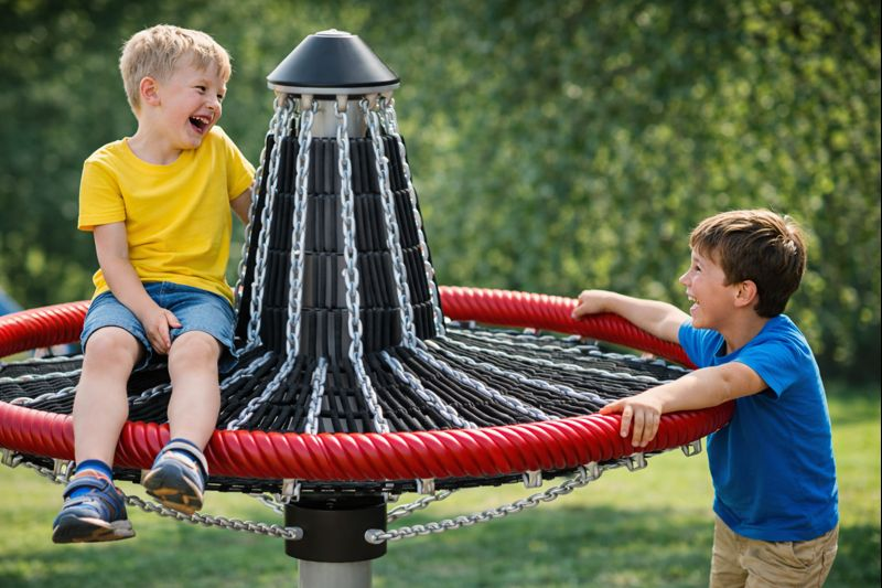 Mushroom Spinner playground equipment with two children playing, one sitting and one pushing the red circular frame