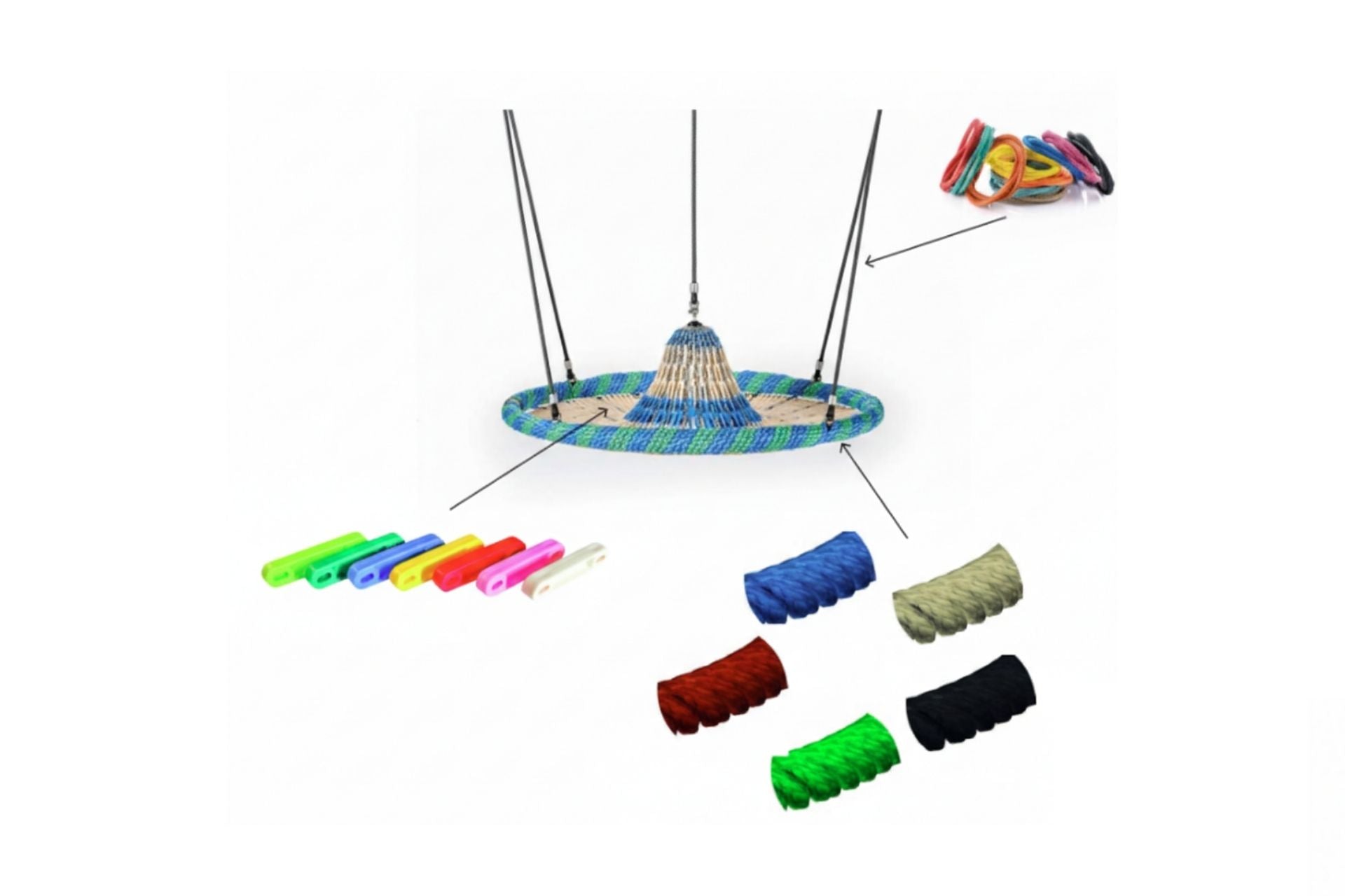 Round woven spinner with elevated center, colorful ropes, and plastic accessories for versatile children's play and spinning fun