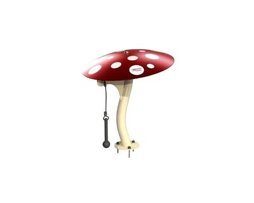 Mushrooms Outdoor Musical Park Instrument with red spotted anodized aluminum cap and hanging mallet for outdoor sound play and exploration