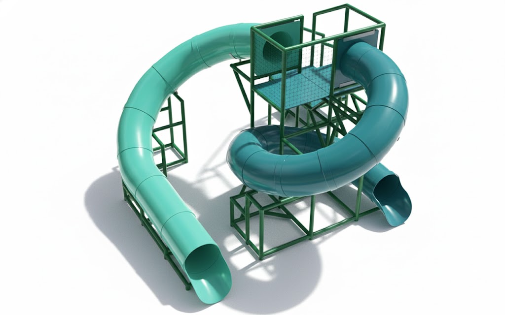 Clearwater River Water Slide with dual twisting enclosed slides and green metal frame beside pool