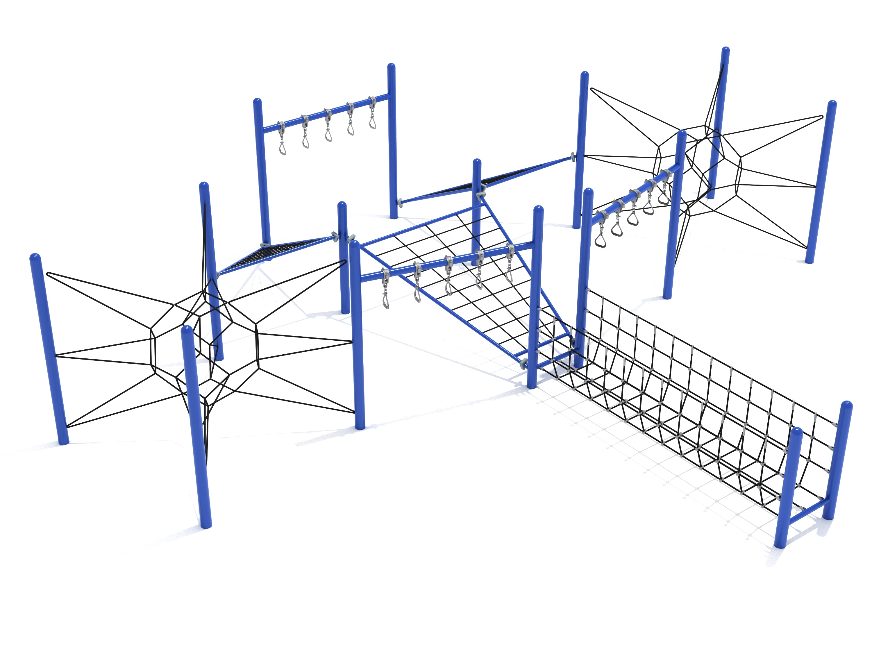 Blue and black climbing structure with rope bridges, hanging rings, and geometric net spheres for active play and coordination