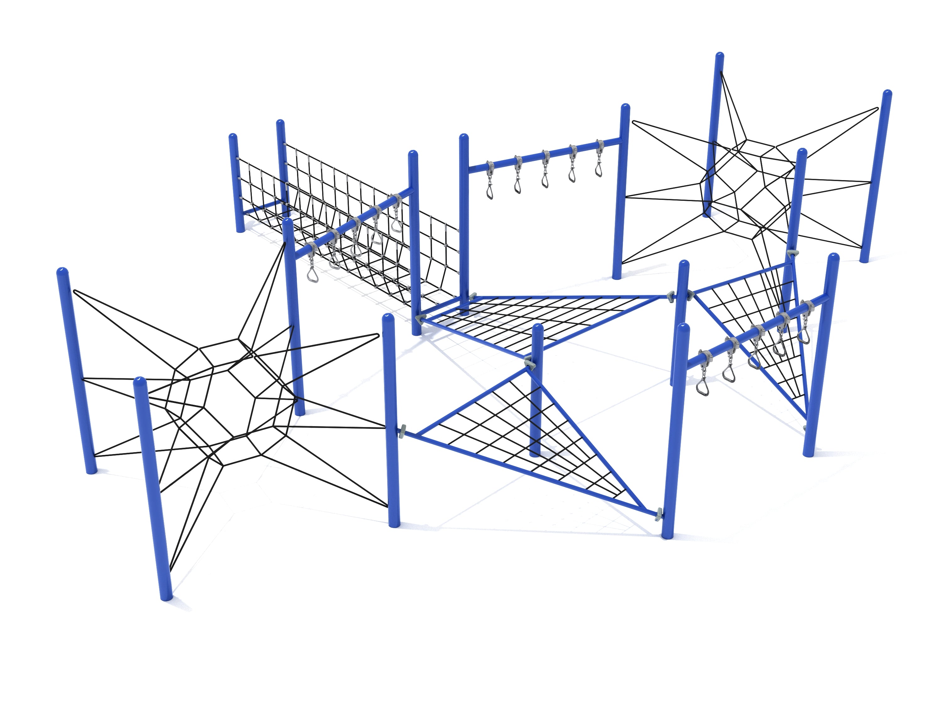 Blue and black climbing playground structure with rope bridges, suspended net spheres, and hanging ring paths for active play and coordination