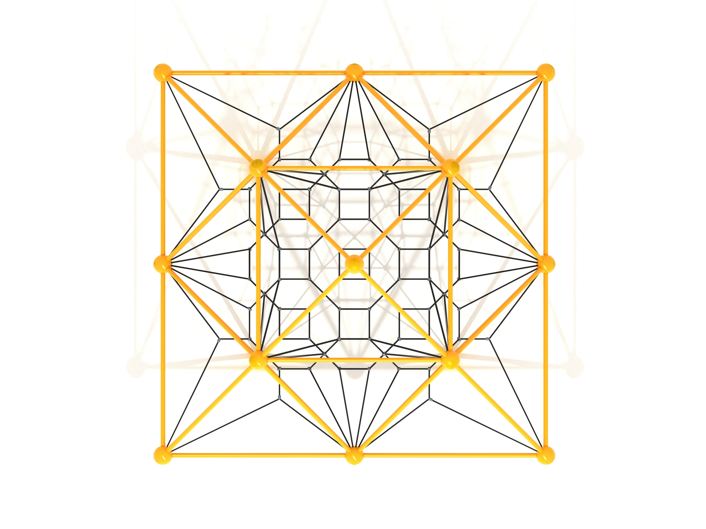 Overhead view of a geometric climbing net with yellow frame and black ropes forming a 3D web structure