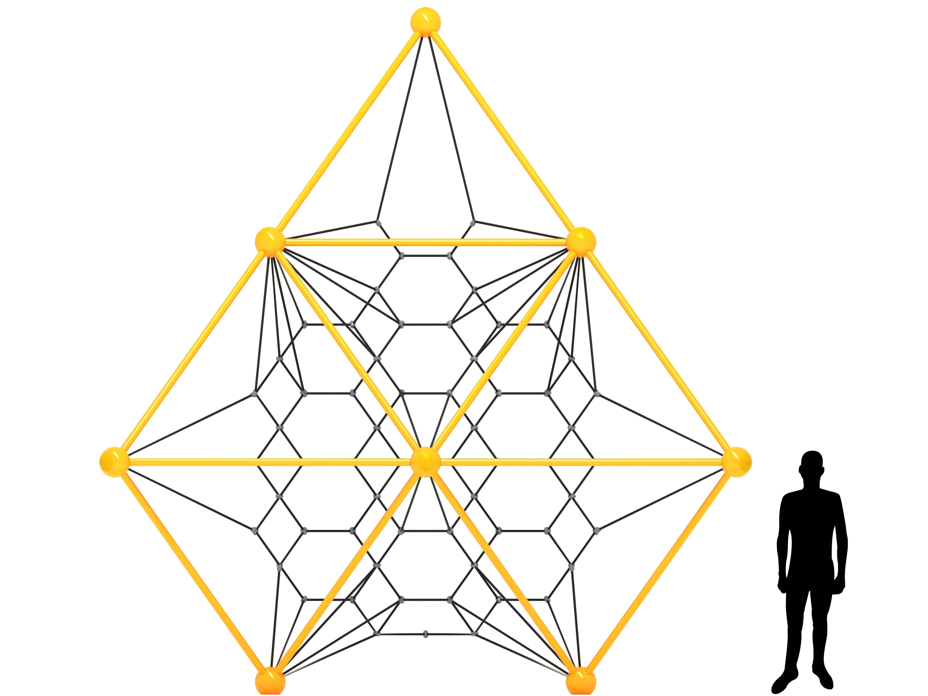 Geometric climbing net with yellow frame and black ropes beside human silhouette for scale, featuring intricate central rope matrix and sturdy hubs