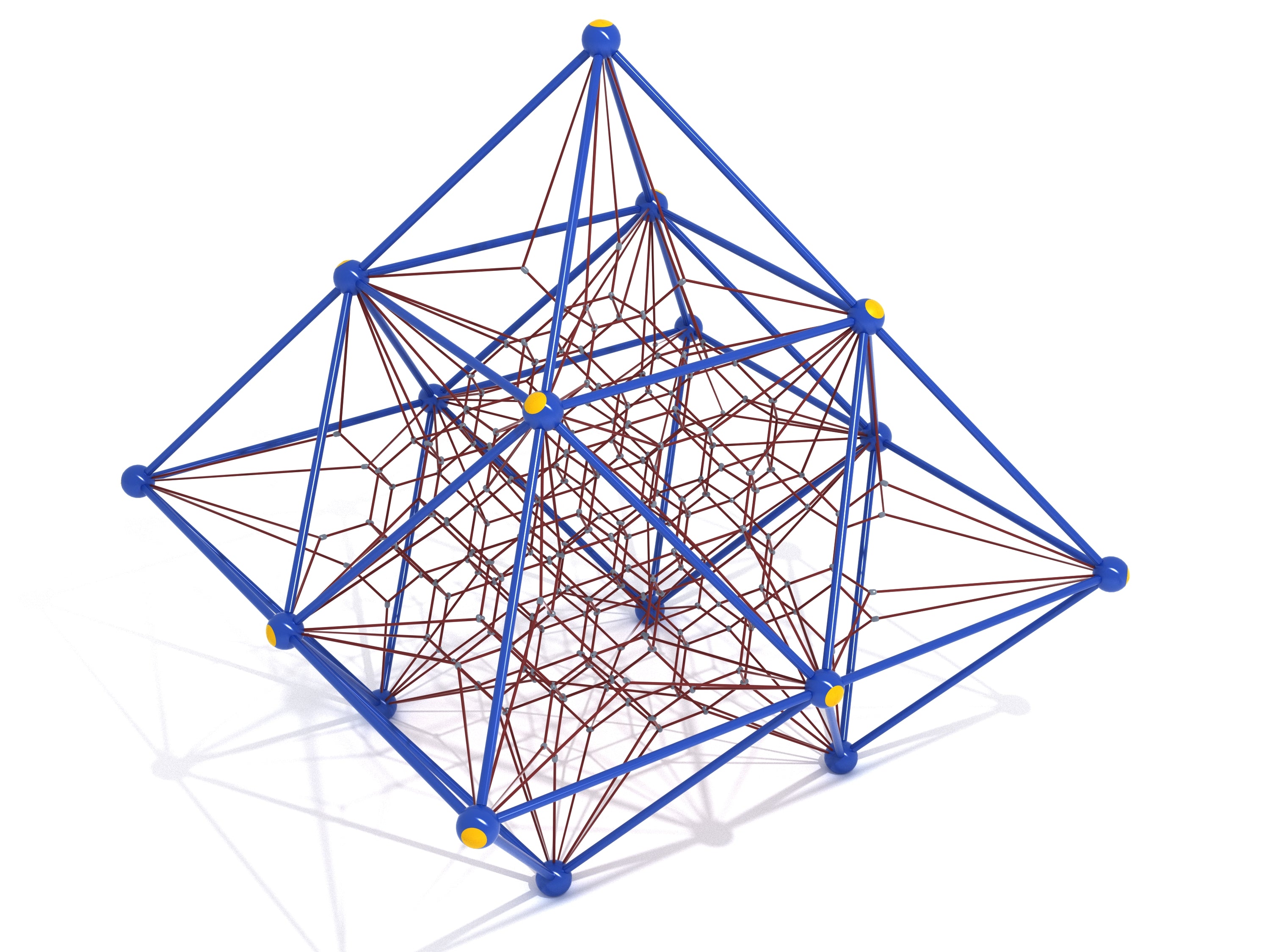 Geometric climbing net with blue frame, red rope webbing, and yellow connection hubs, angled view