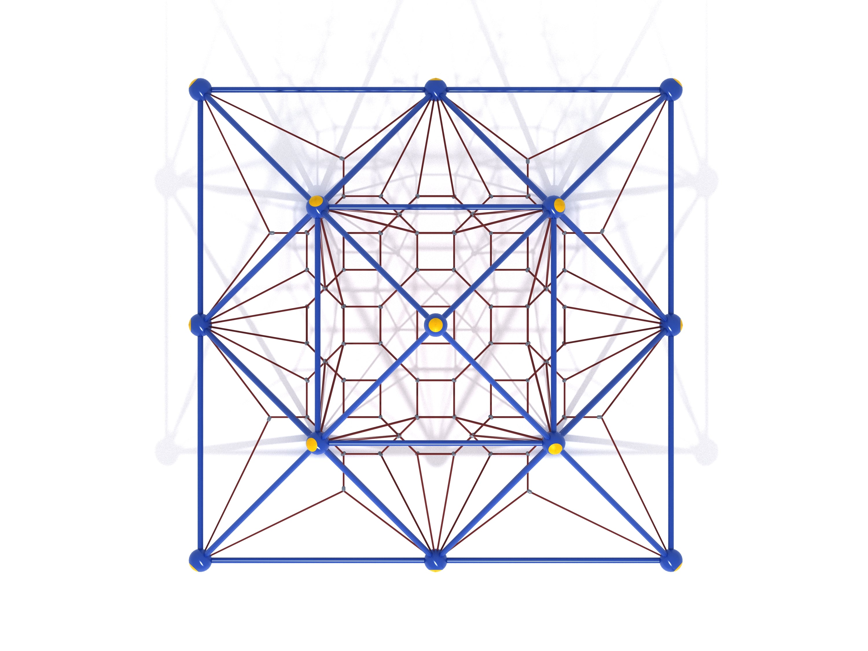 Overhead view of geometric climbing net with blue frame, red ropes, central rope matrix, and corner hubs