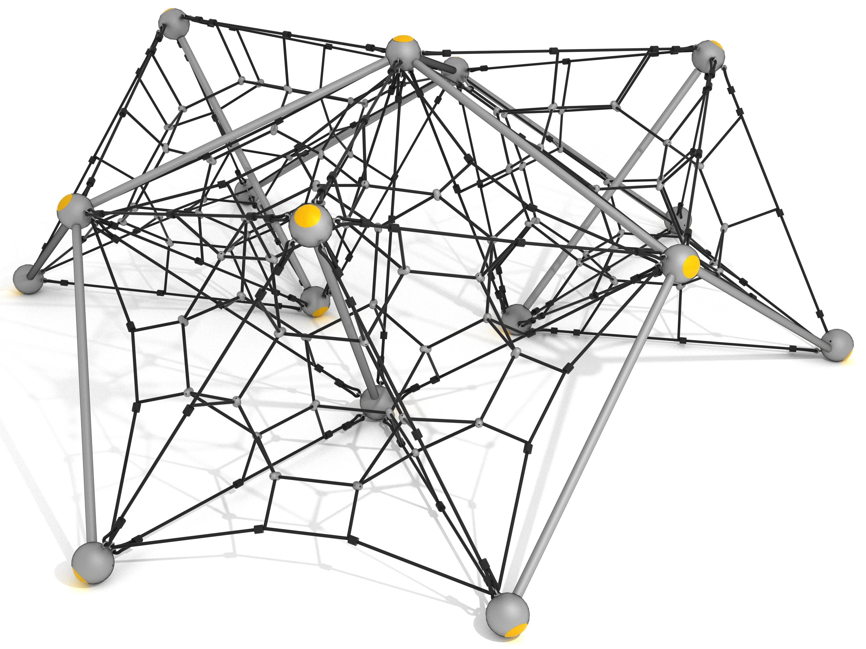3D star-shaped net climber with black ropes, gray posts, and yellow accents for active playground climbing and balancing