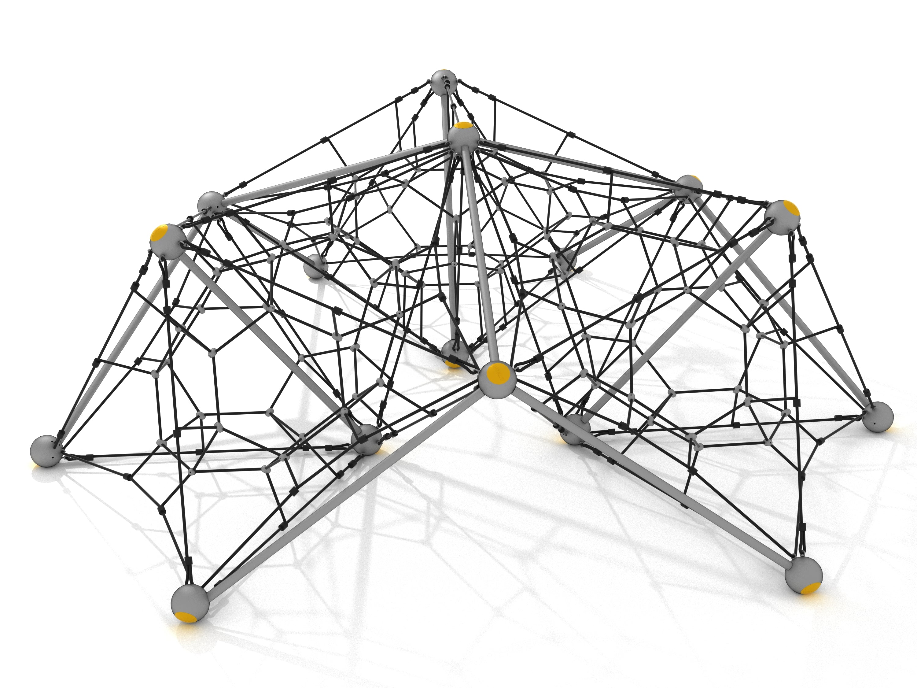 Galactic Quest Net Climber with star-shaped black climbing ropes, gray posts, and yellow accents for dynamic playground climbing and balancing play