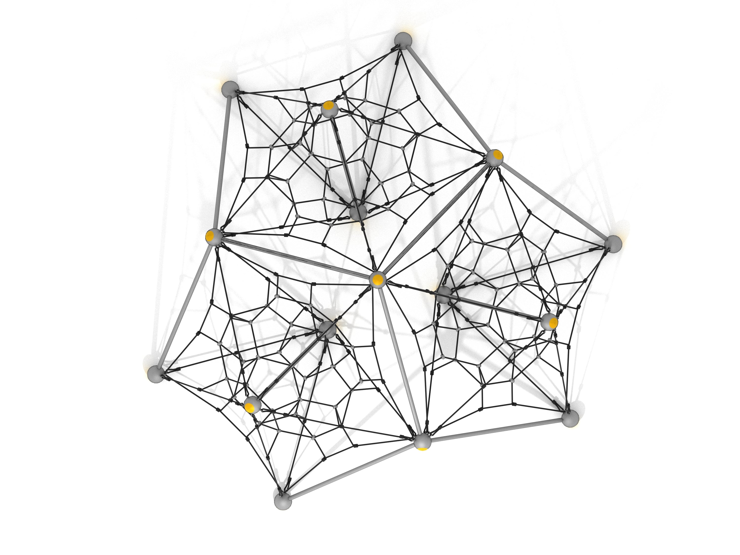 Overhead view of a star-shaped climbing net with black ropes, gray posts, and yellow connectors for playground climbing and balancing