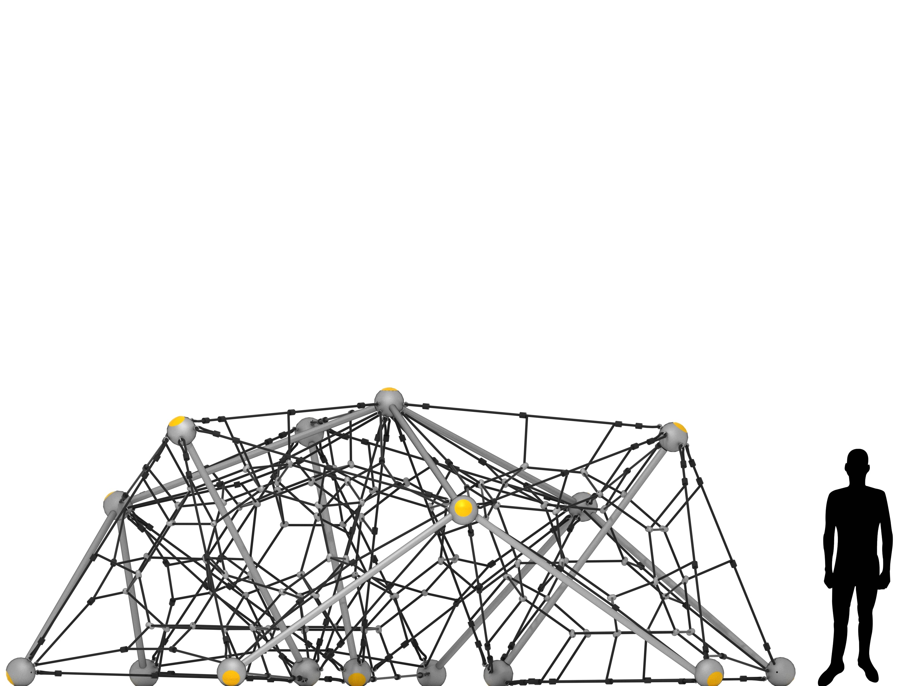 3D star-shaped climbing net with black ropes, gray posts with yellow caps, and human silhouette for scale