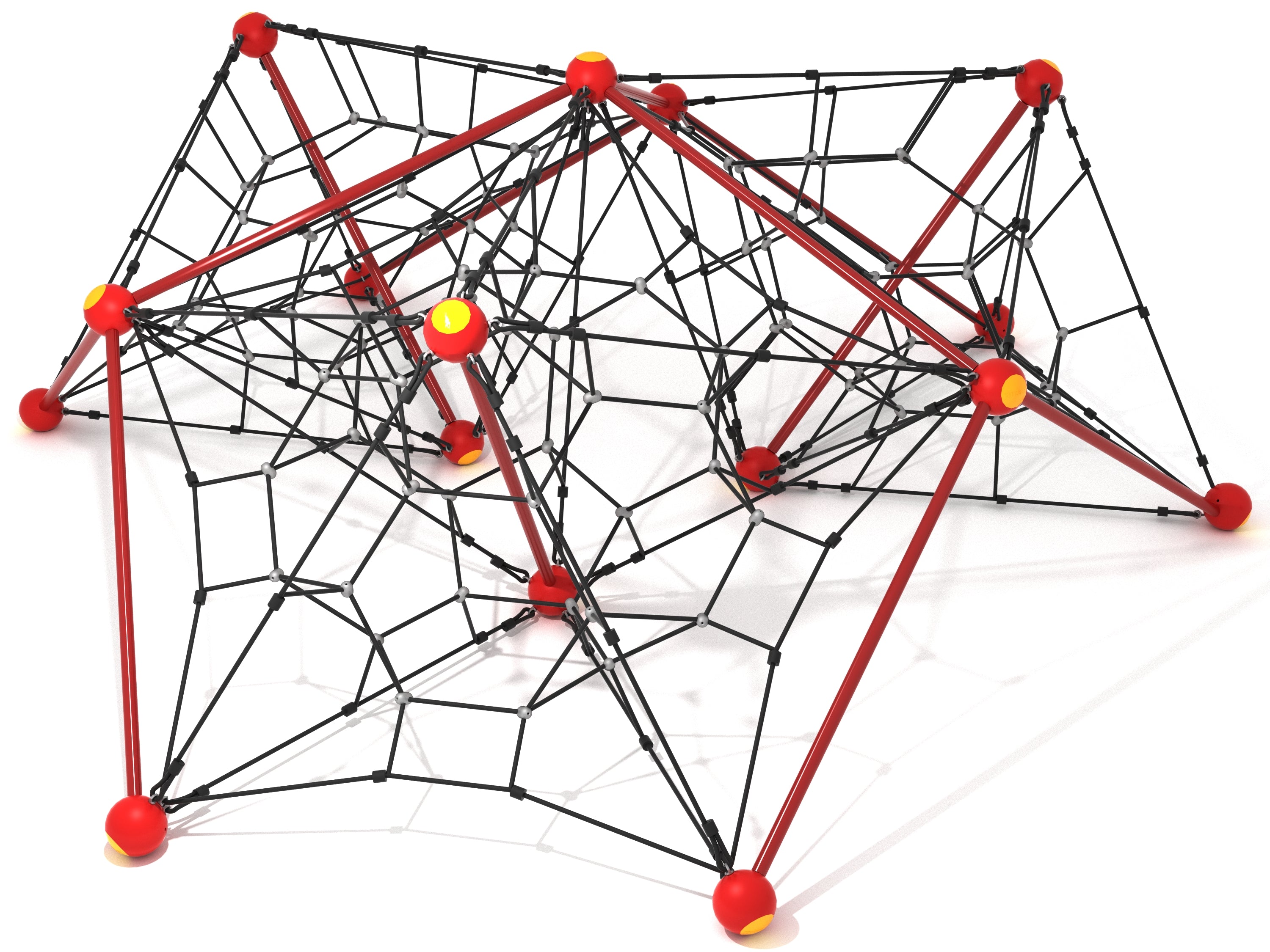 3D star-shaped net climber with red posts and black interconnected climbing ropes for active play