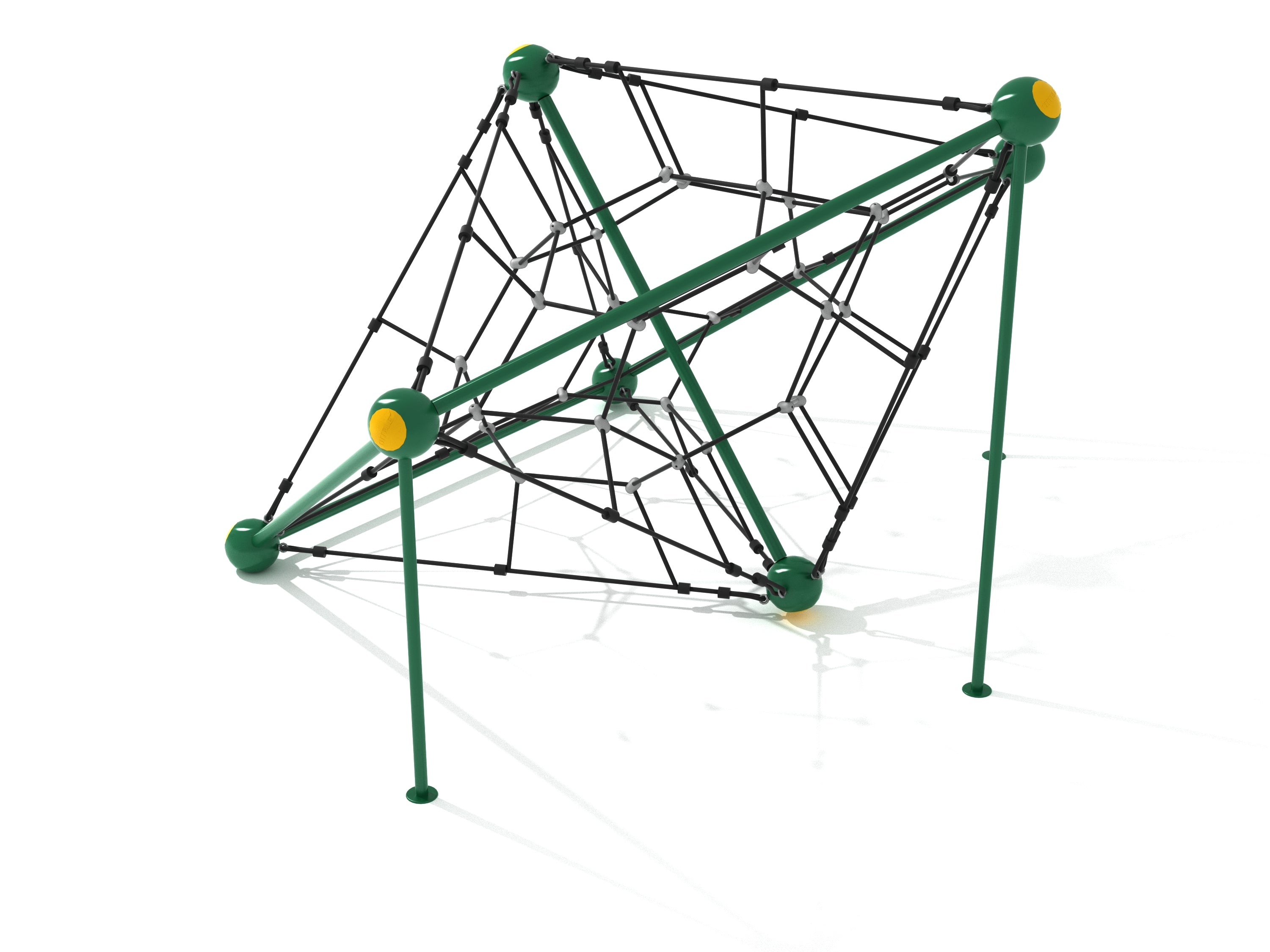 Playground climbing net with green metal frame and black ropes forming a geometric web for active play and balance challenges