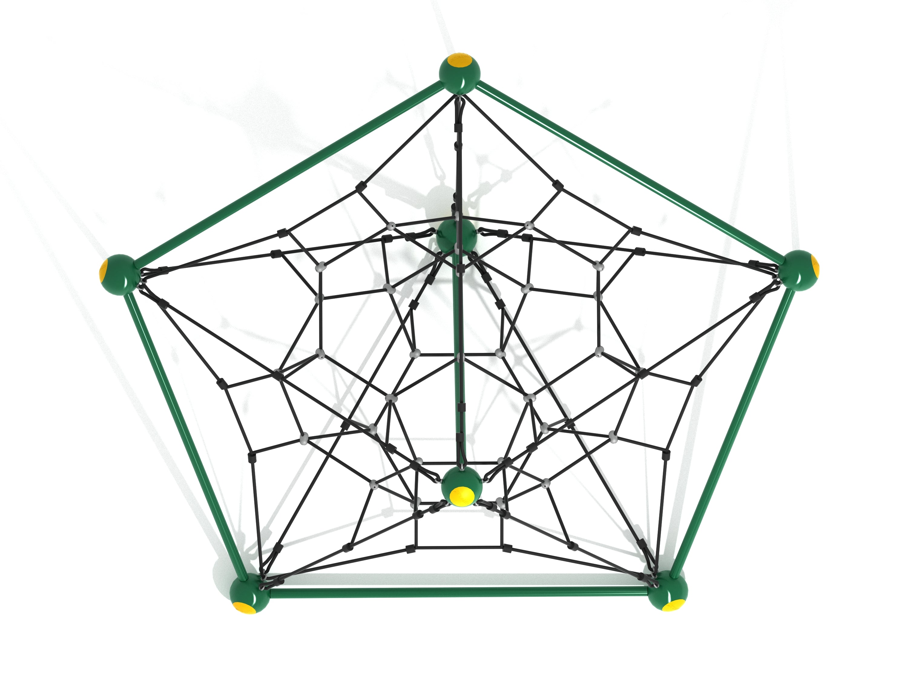 Green-framed playground net climber with black web-like ropes angled for climbing and balancing activities