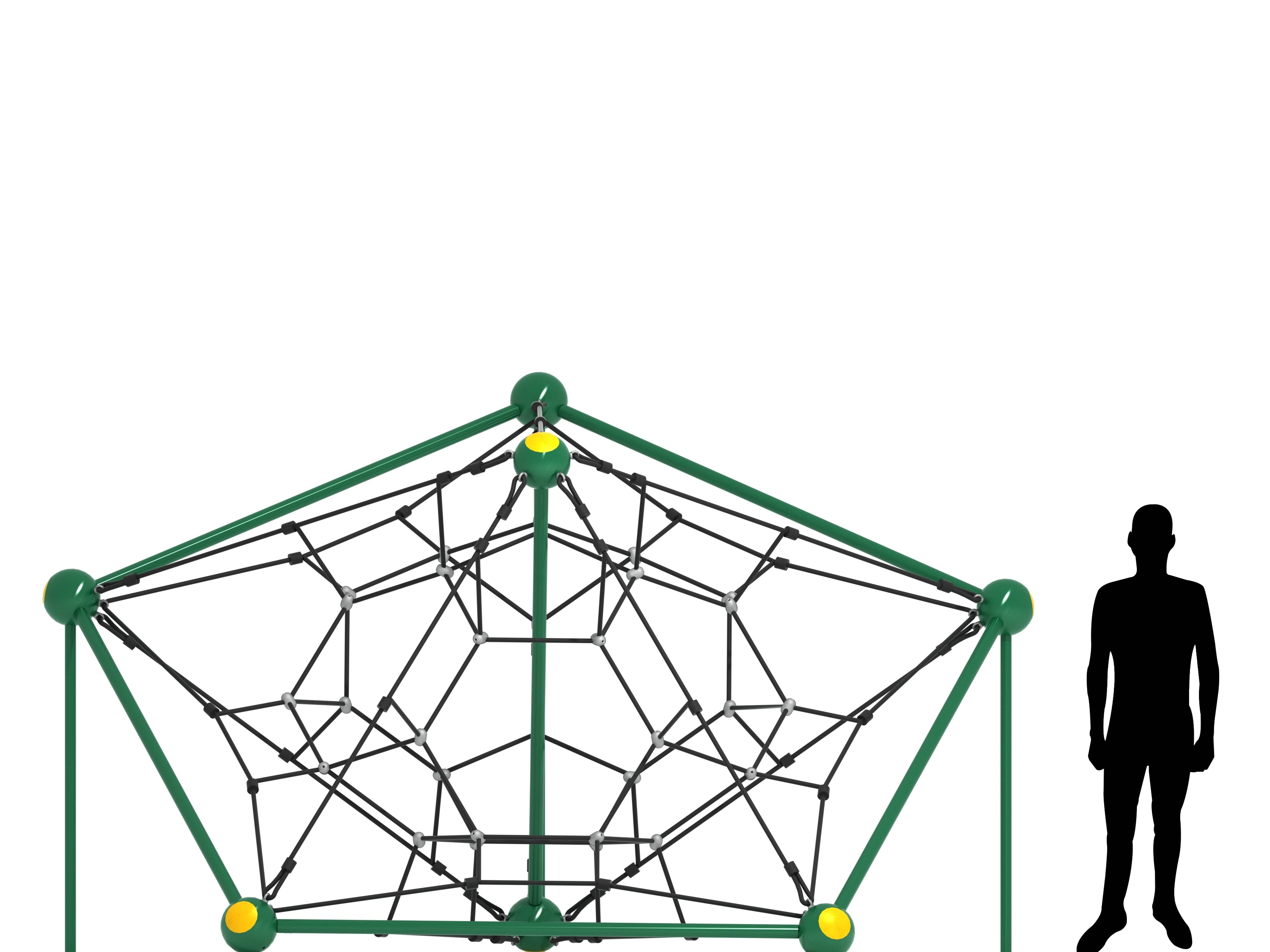 Green-framed playground net climber with black ropes and yellow connectors, human silhouette for scale, dynamic climbing structure
