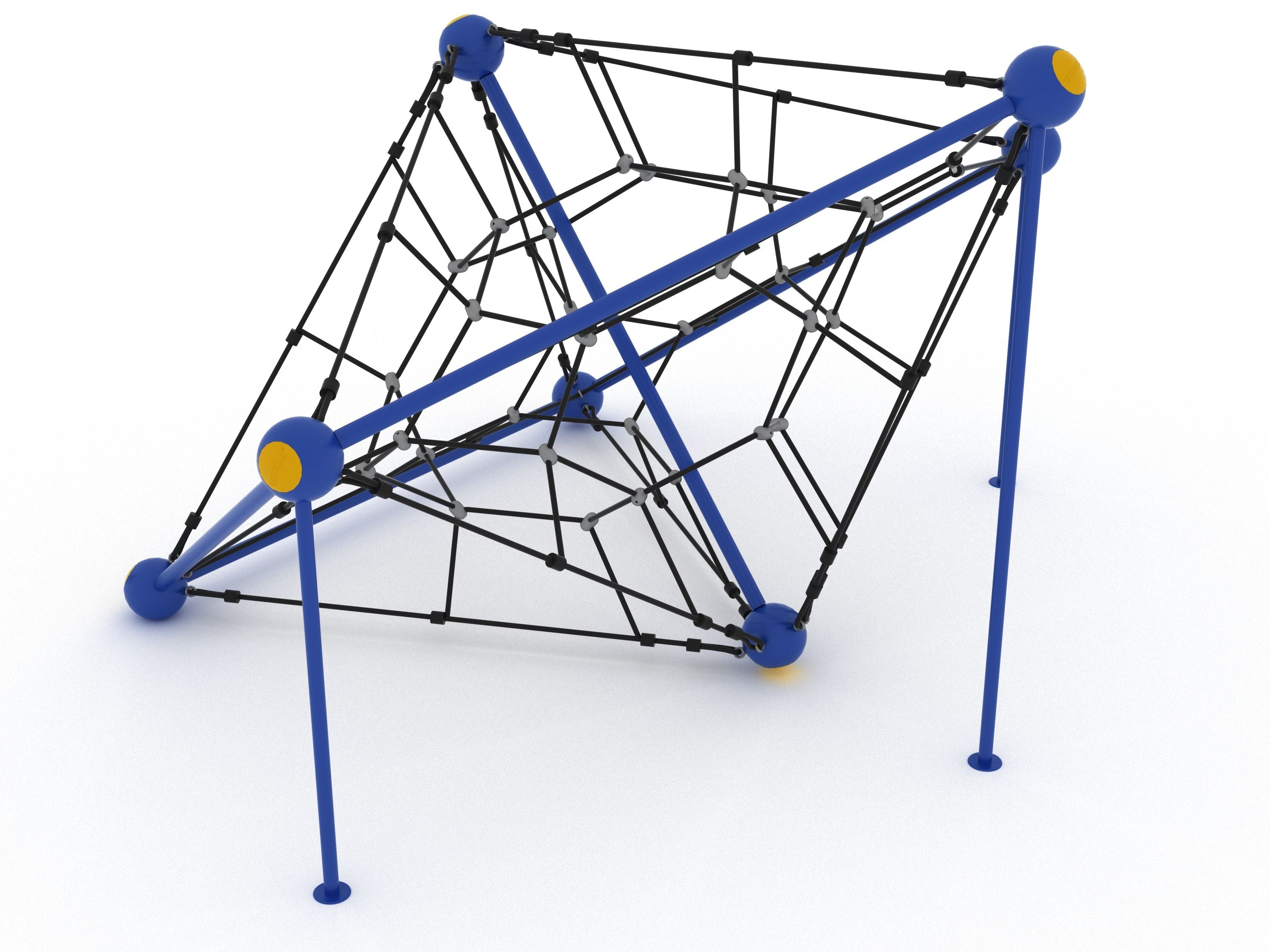 Playground climbing net with black ropes and blue frame accented by yellow, angled view highlighting multi-path structure