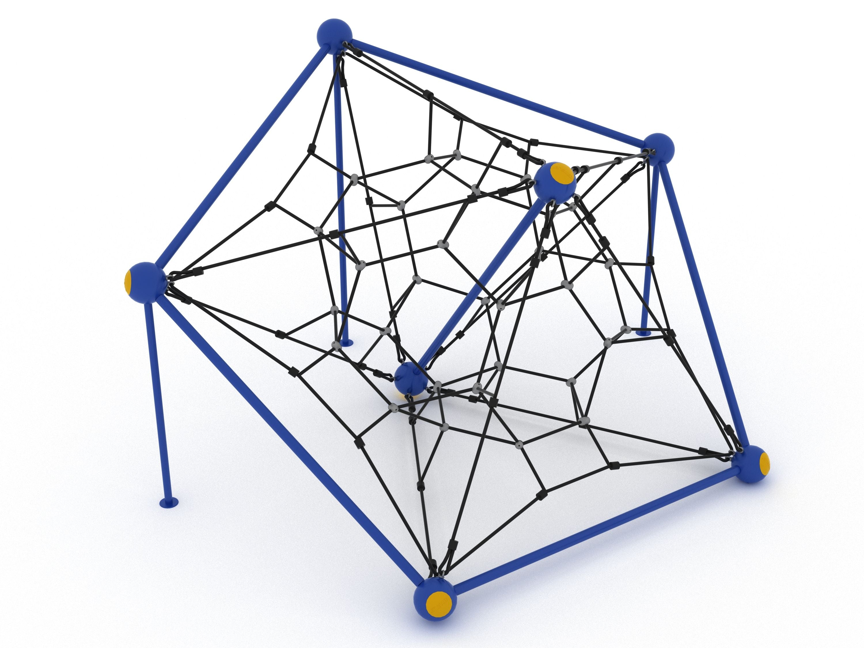 Playground climbing net with blue metal frame, black ropes forming geometric web, and yellow accent nodes