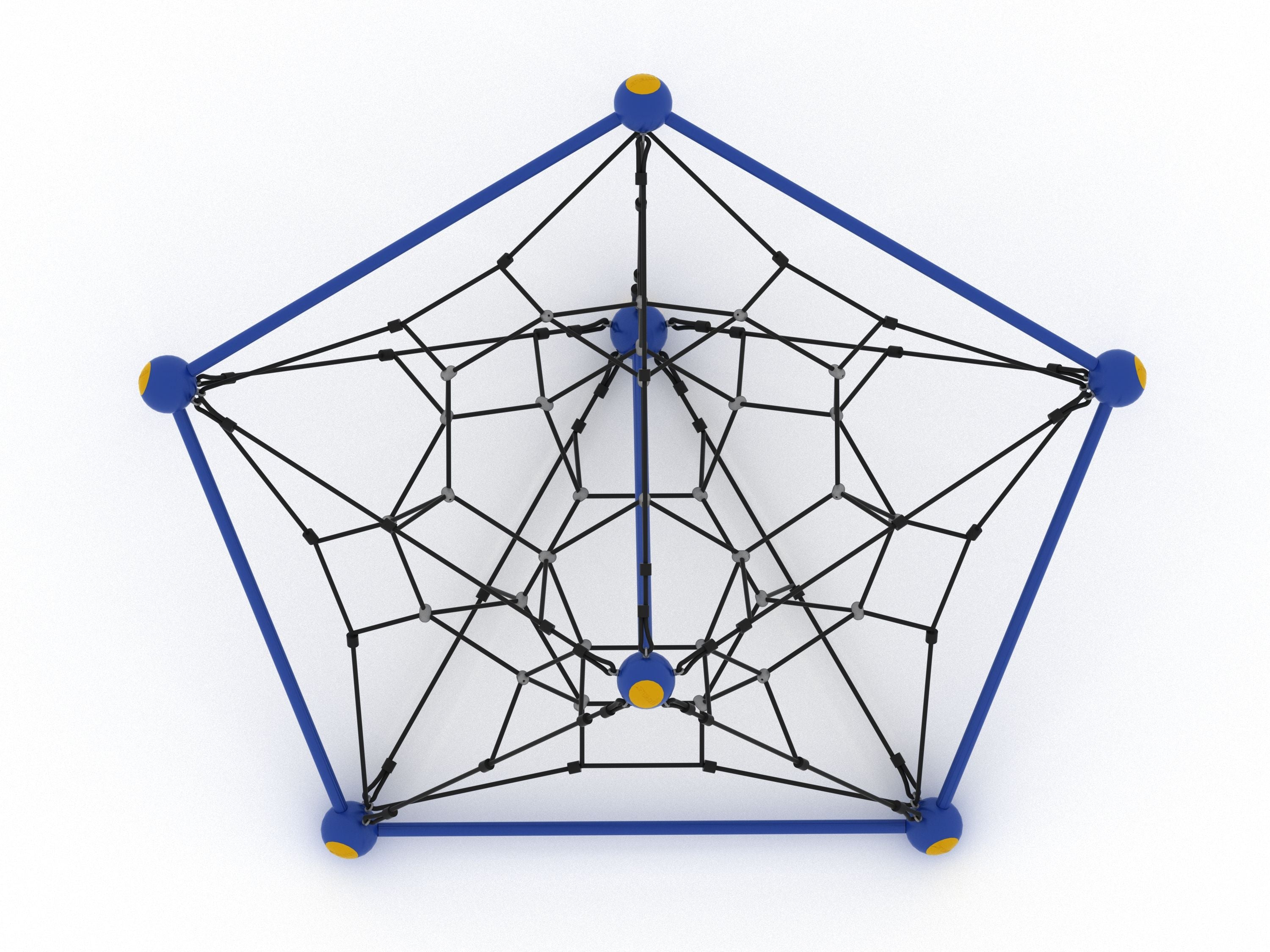 Overhead view of pentagon-shaped climbing net with black ropes, blue frame, and yellow accents