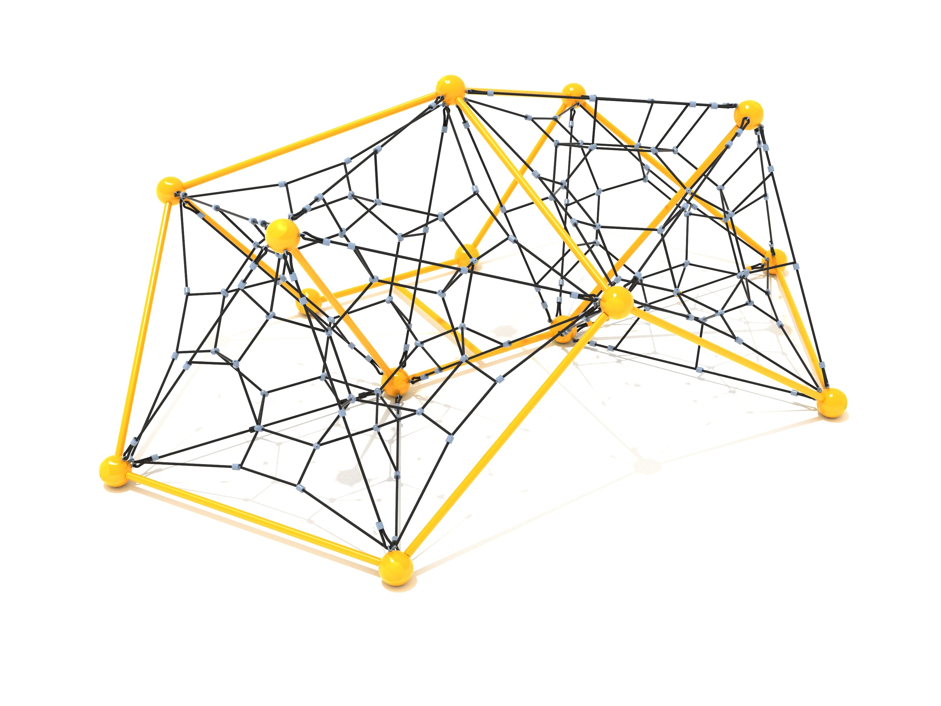 Yellow-framed playground net climber with black rope webbing and gray connectors, angled view