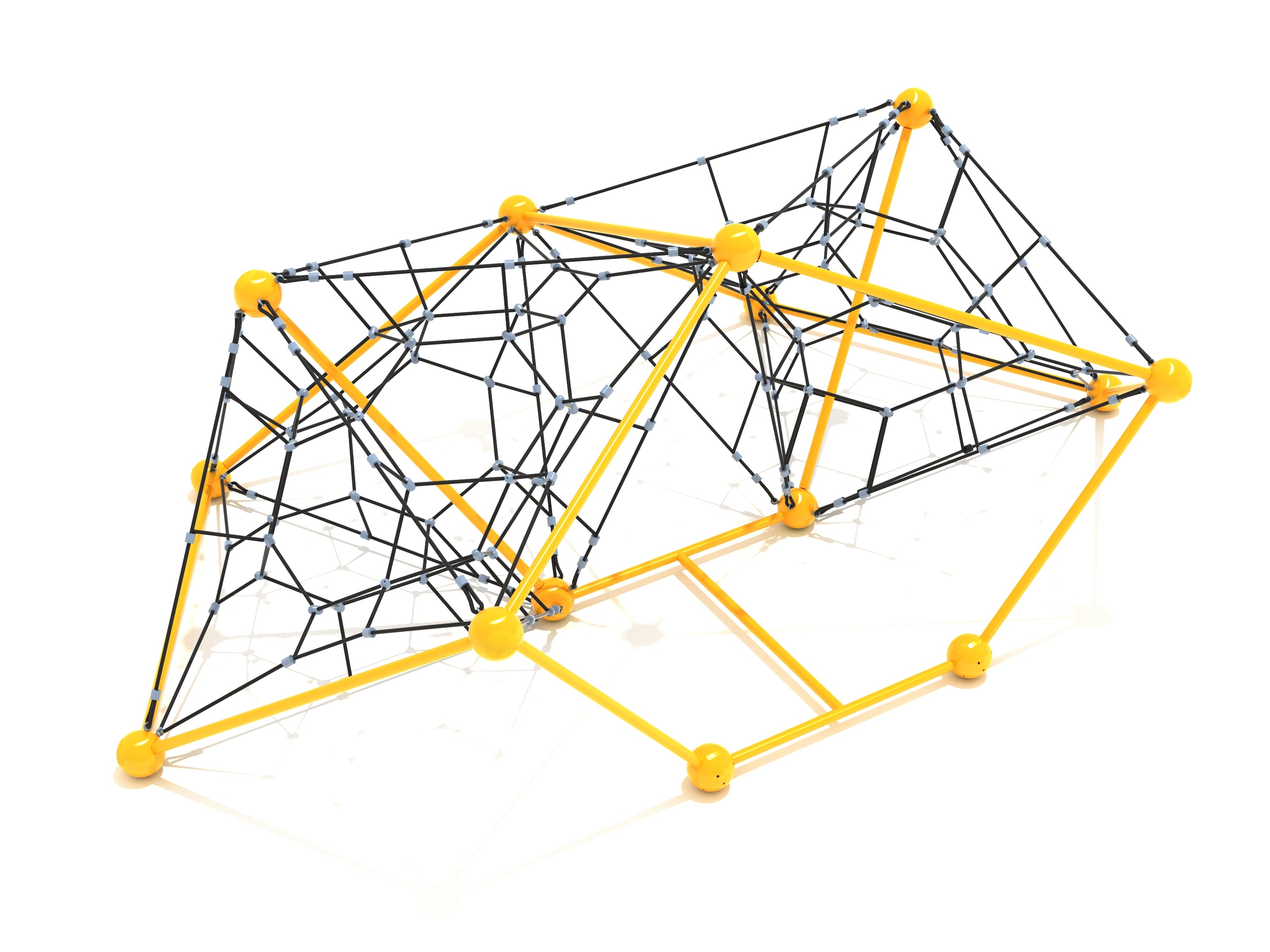 Yellow-framed 3D rope climbing structure with black interconnected nets and rounded connectors for playgrounds