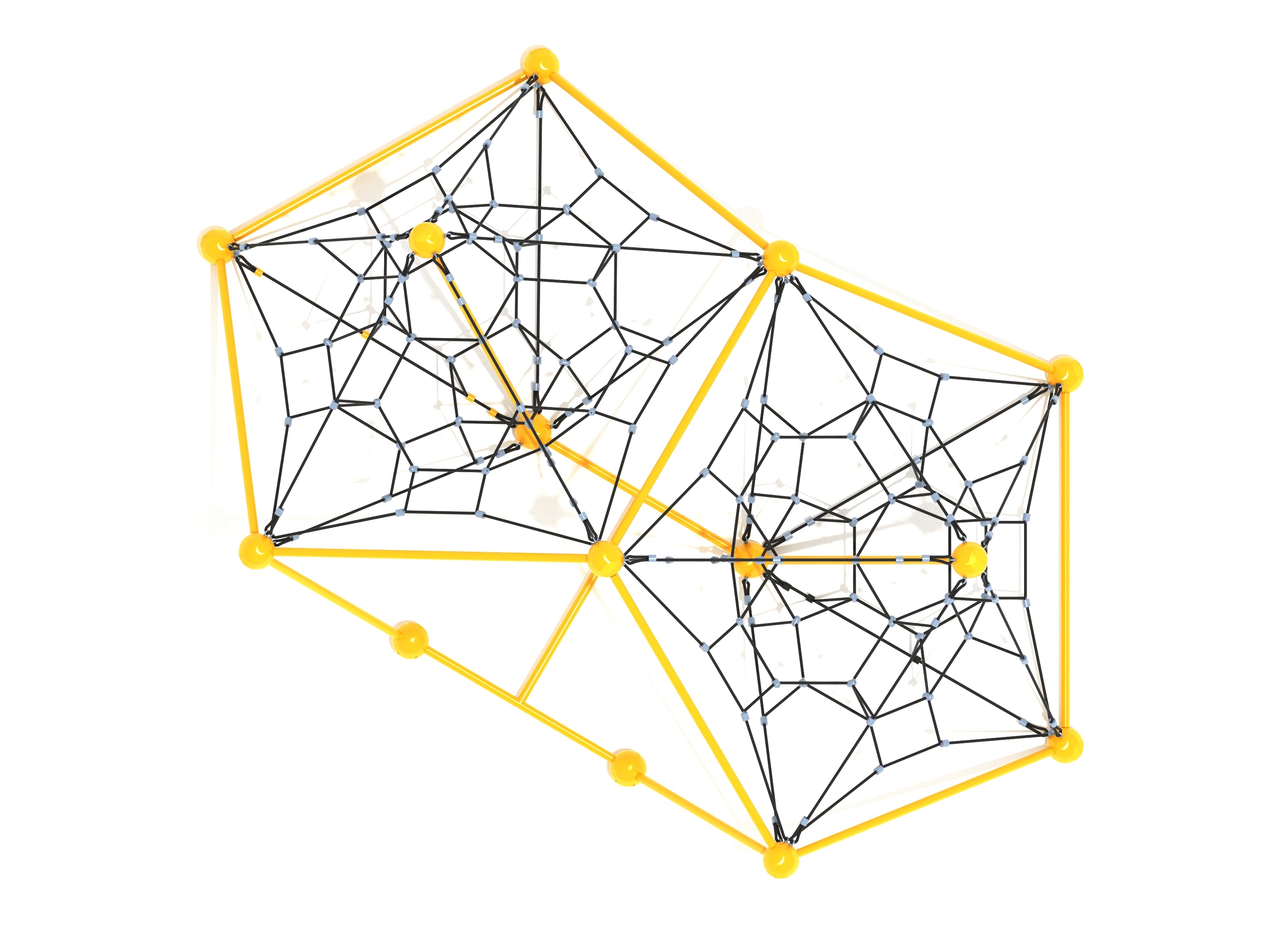 Overhead view of yellow-framed 3D rope climbing structure with interconnected black geometric rope nets