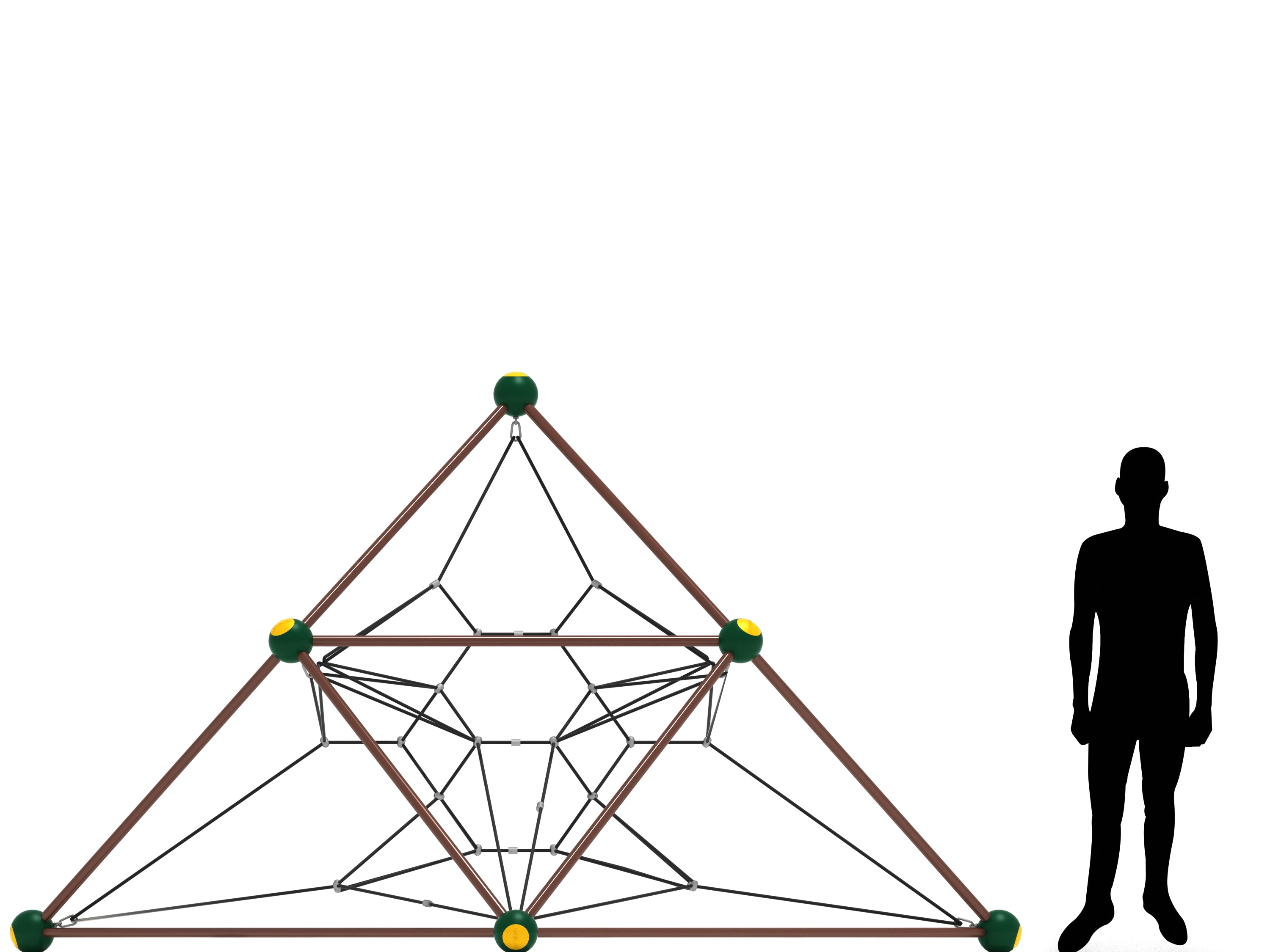 Pyramid-shaped climbing net with black interconnected ropes and brown frame, shown next to a human silhouette for scale