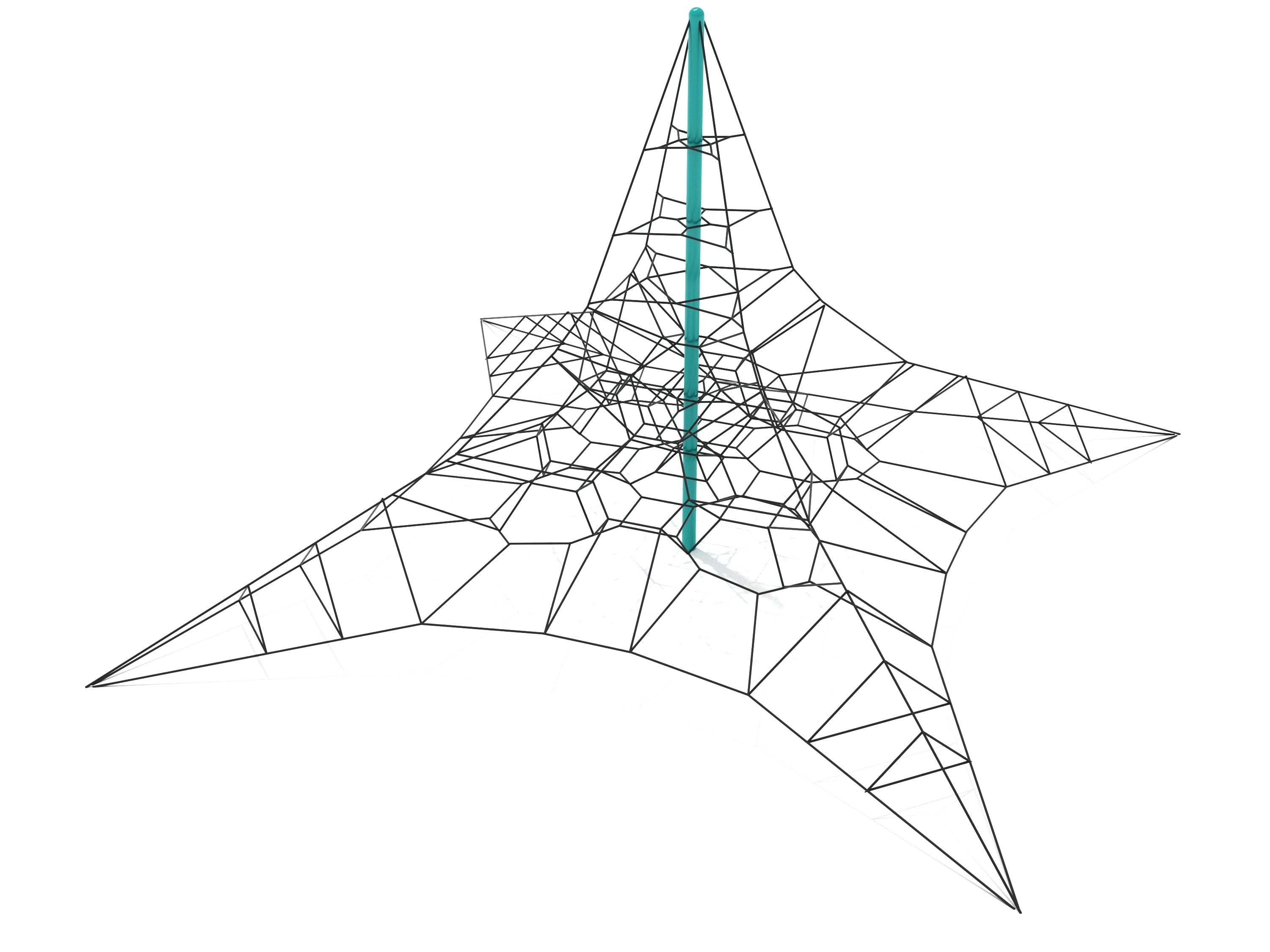 Star-shaped climbing net with black ropes and teal central support pole for outdoor playground play