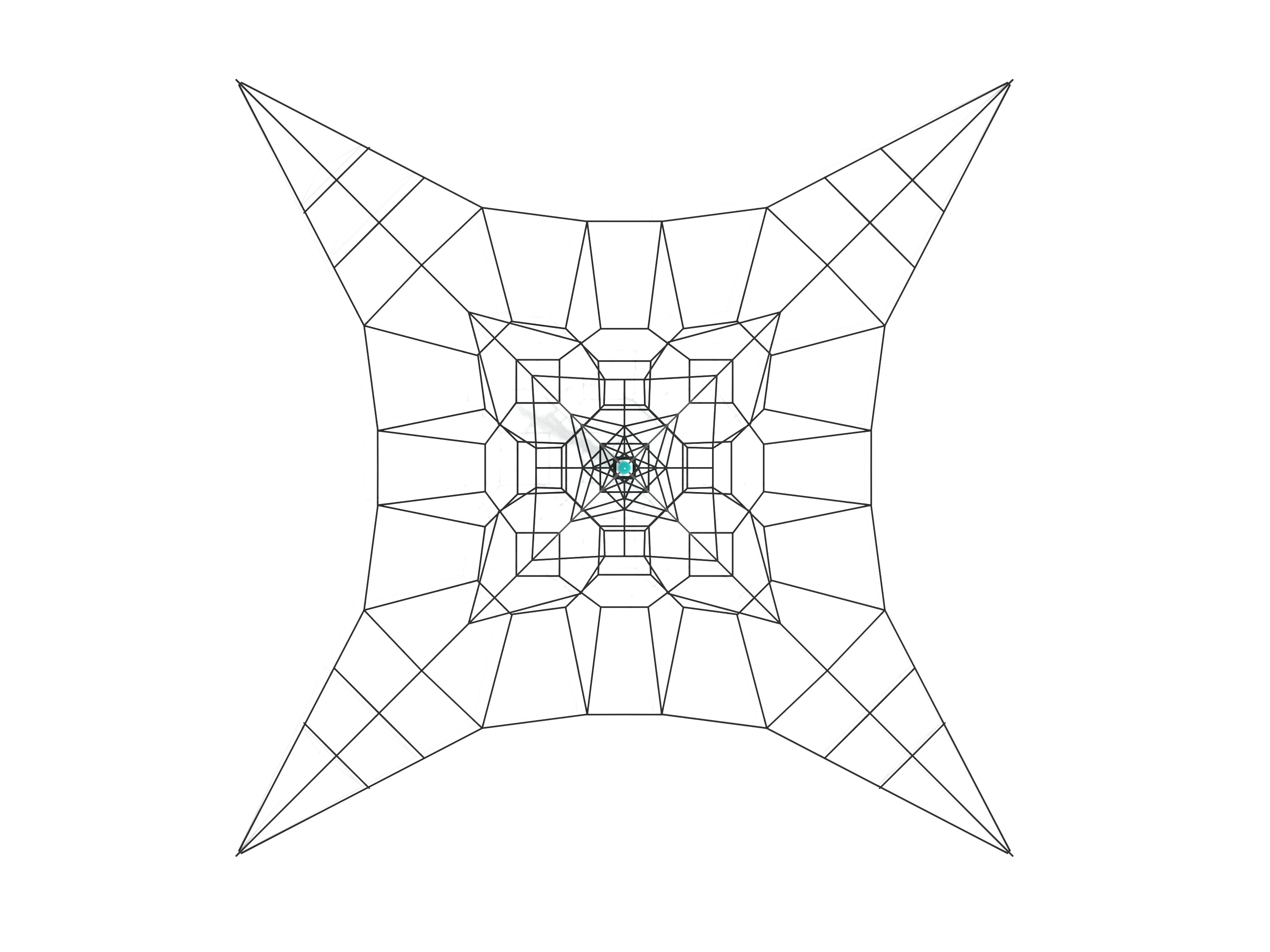 Overhead view of a star-shaped geometric climbing net with a central hub and multiple climbing routes for outdoor play