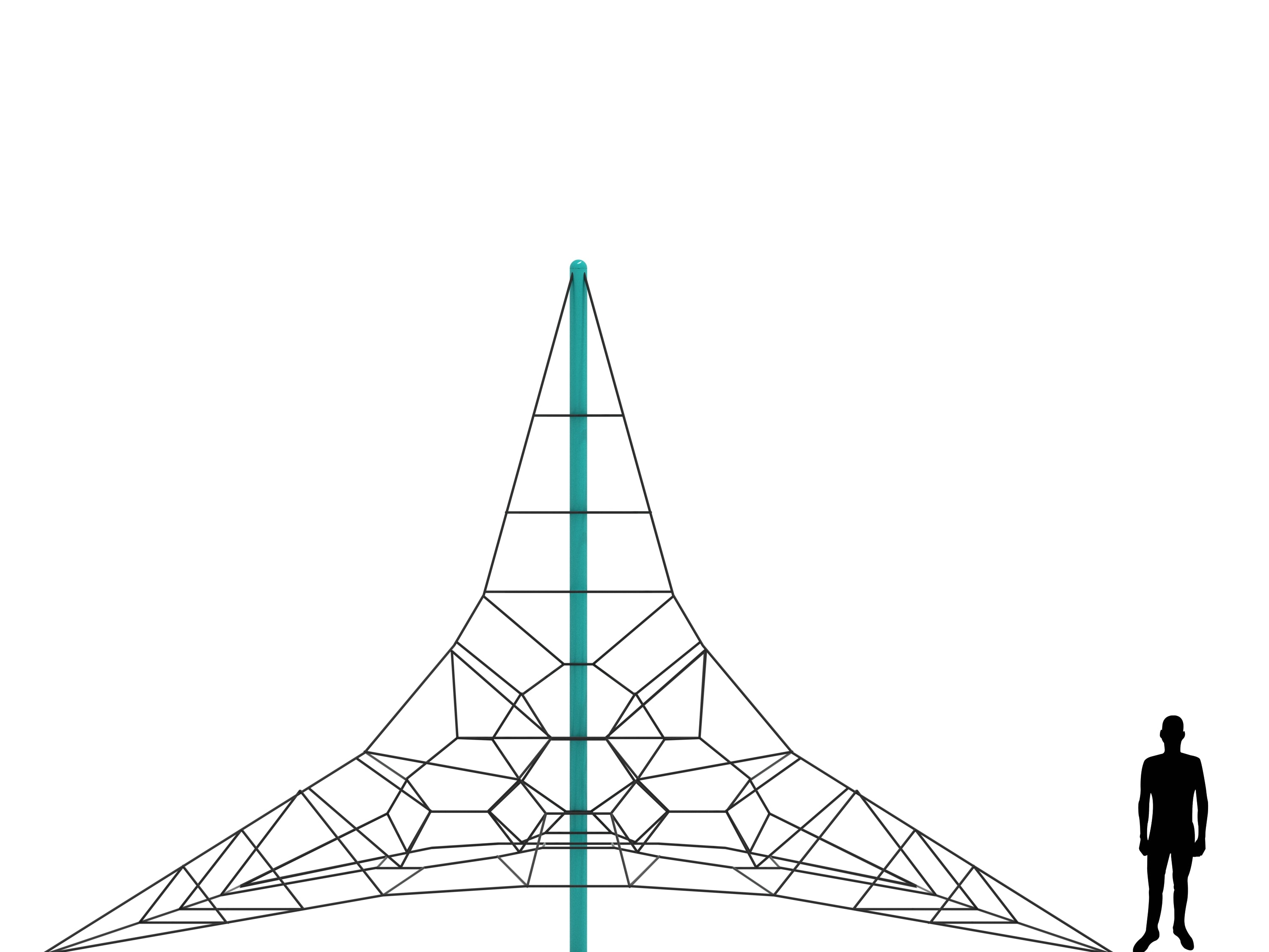 Triangular climbing net with central teal pole and black ropes, human silhouette for scale, outdoor playground equipment