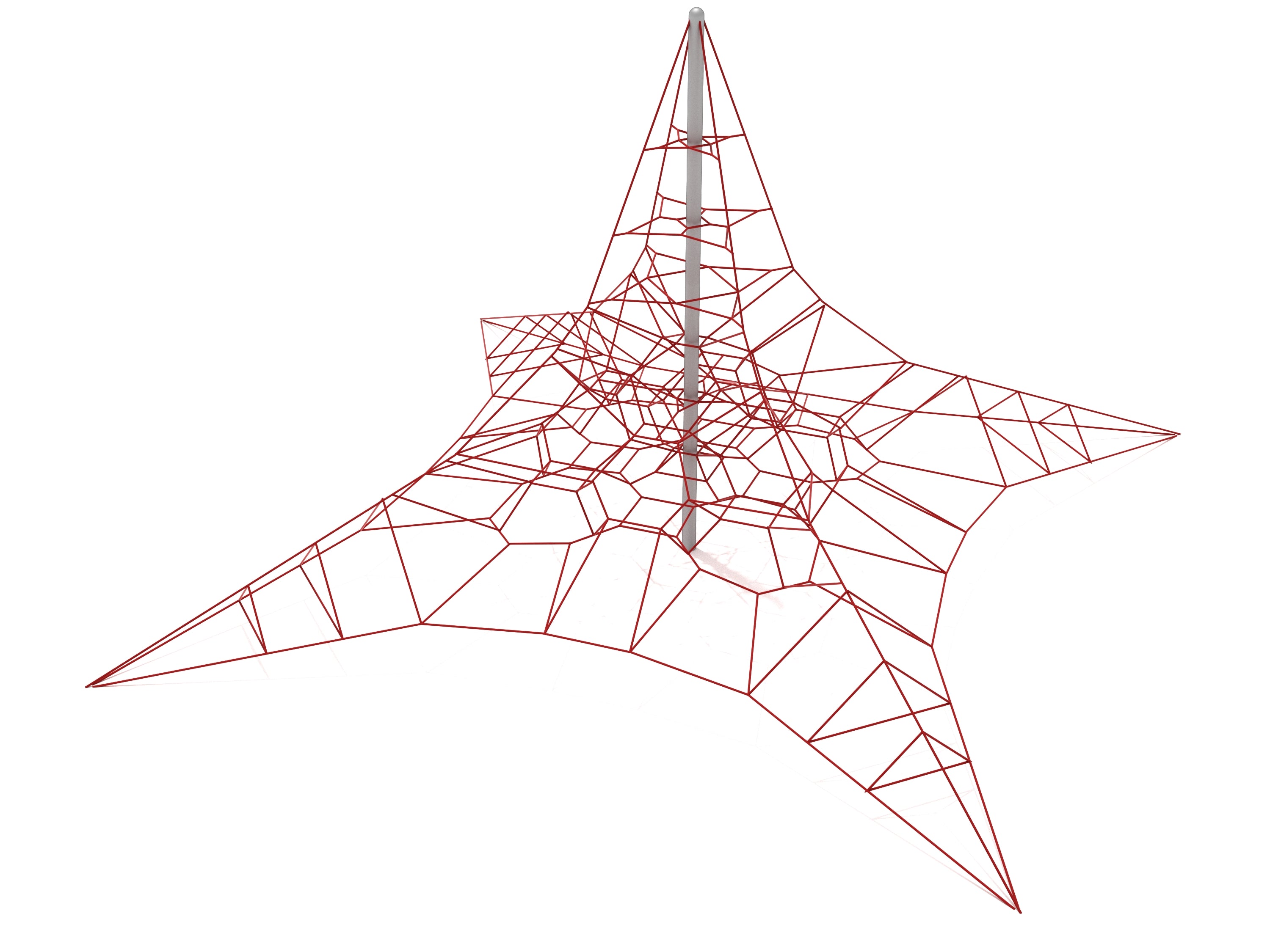 Red star-shaped climbing net with central gray pole and geometric web design for outdoor playground climbing and play