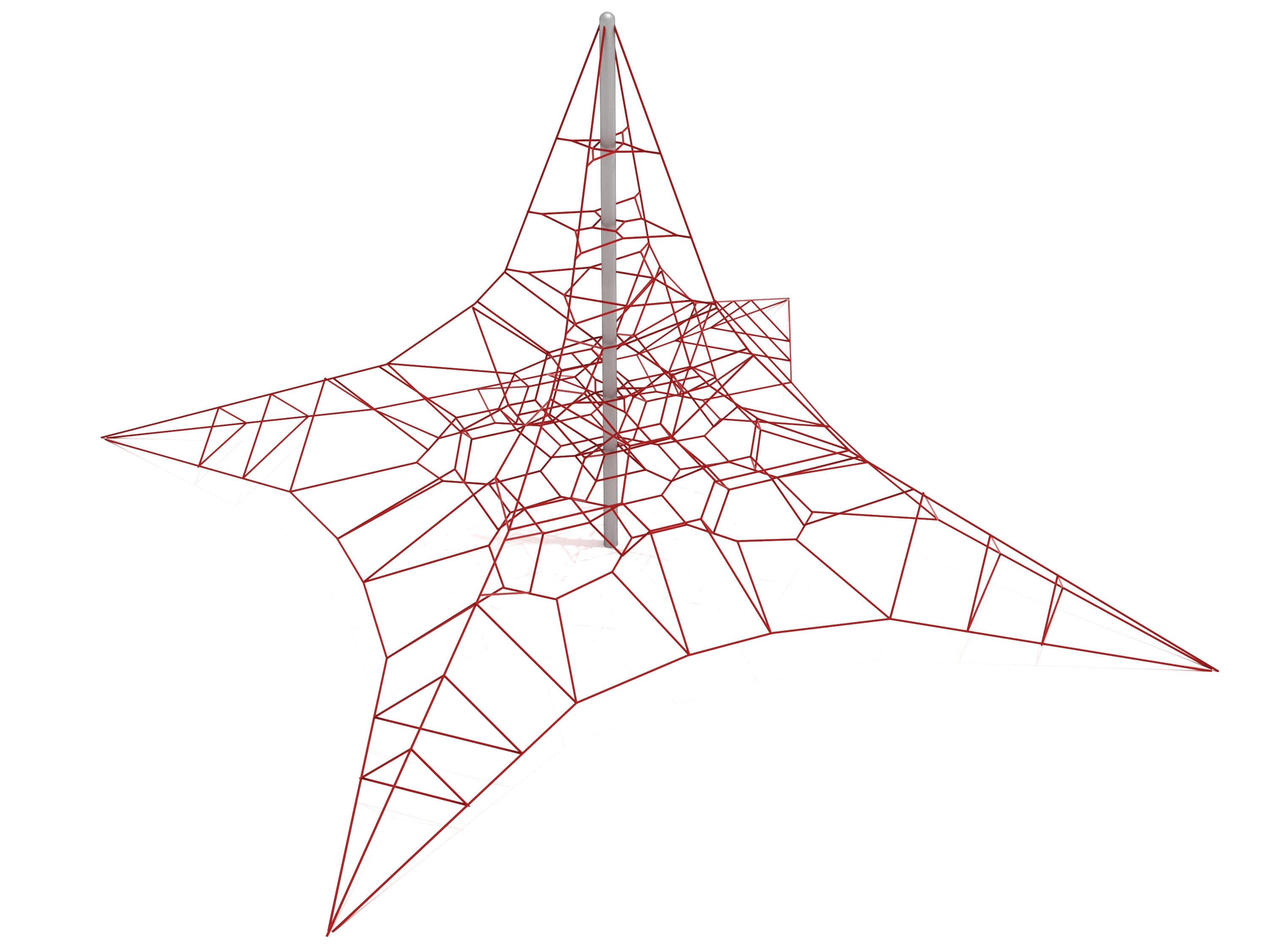 Red star-shaped climbing net with central gray post and geometric web design for outdoor playground active play