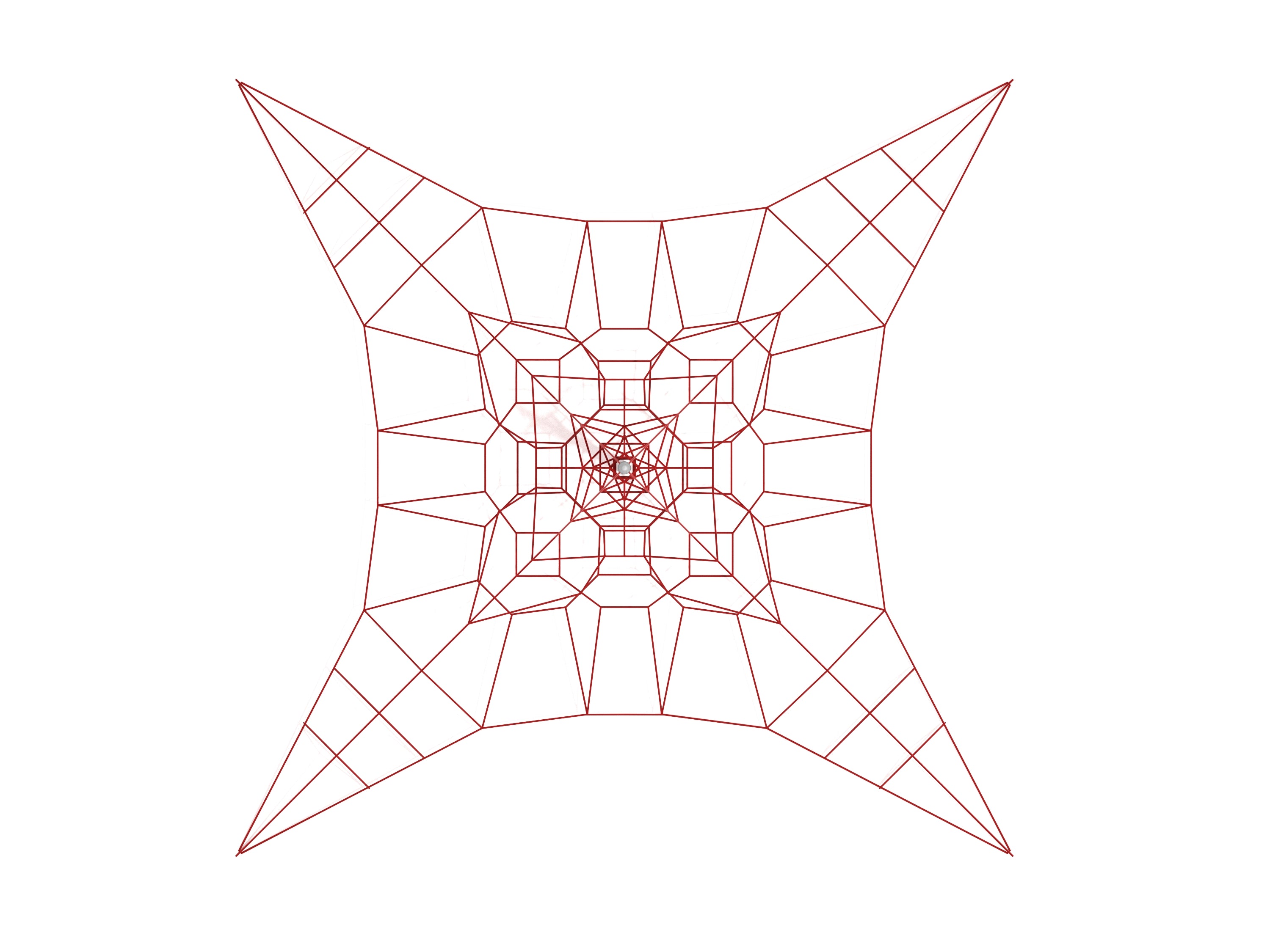 Overhead view of a red star-shaped climbing net with central hub and multiple climbing routes for children
