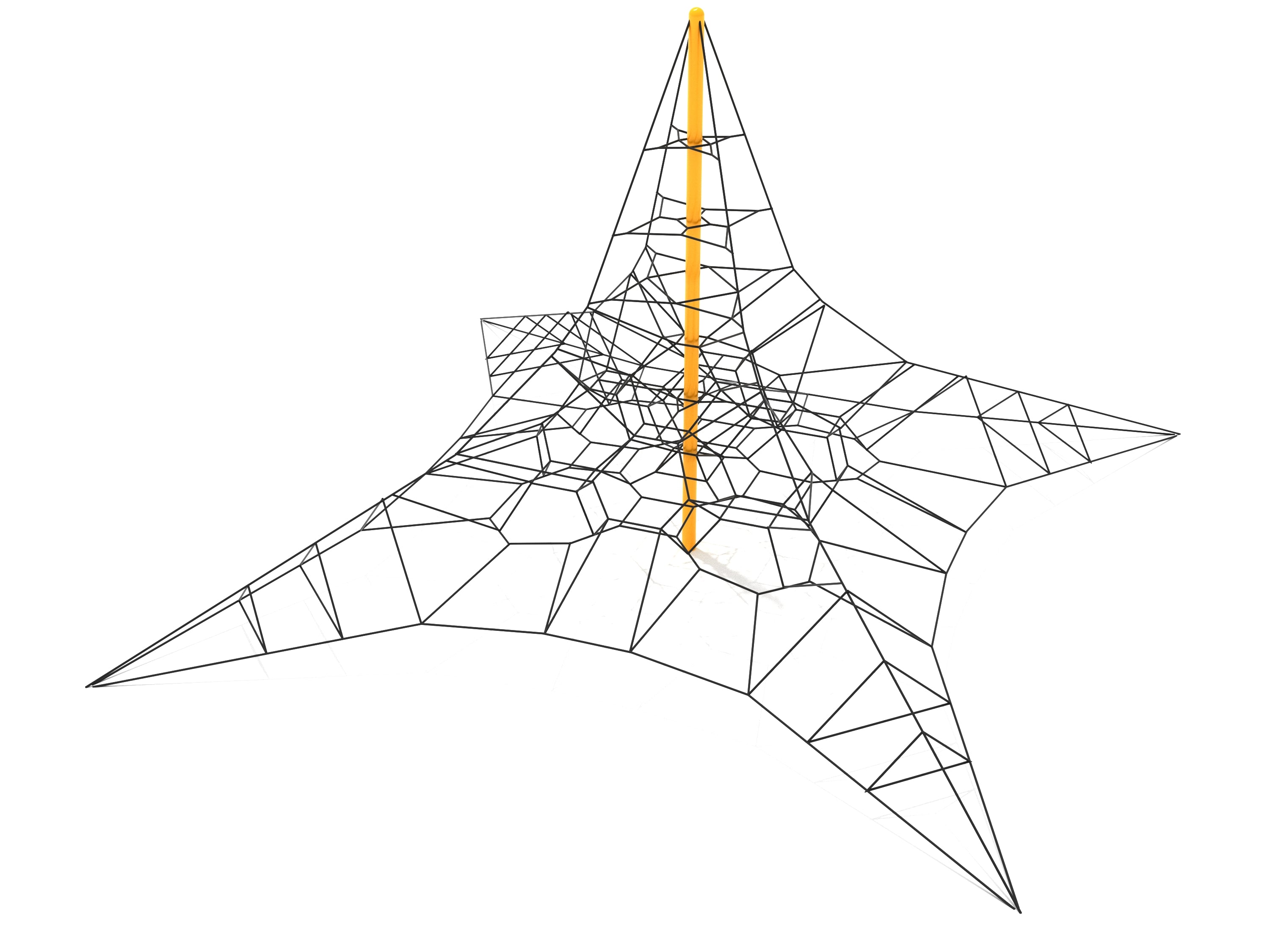 Star-shaped outdoor climbing net with black ropes and a central yellow post for active play and coordination development
