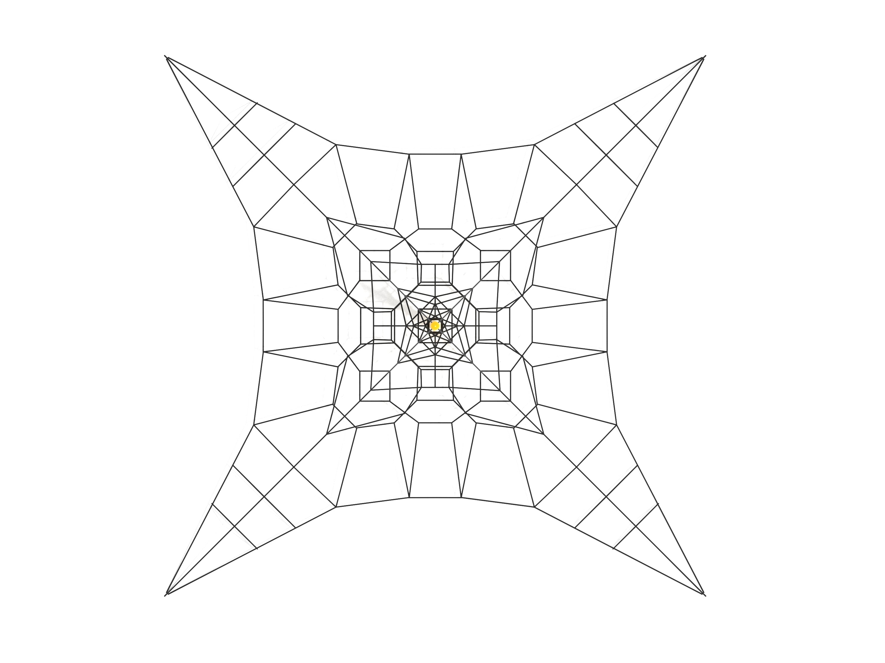 Overhead view of a star-shaped climbing net with a central hub and multiple angled climbing sections for active play