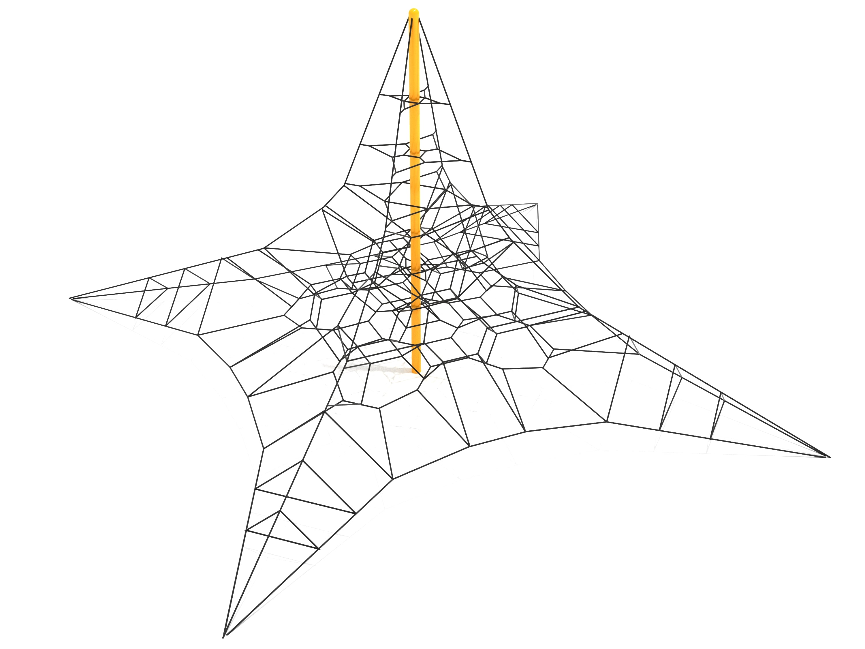 Star-shaped outdoor climbing net with black ropes and central yellow support pole for active play and coordination development