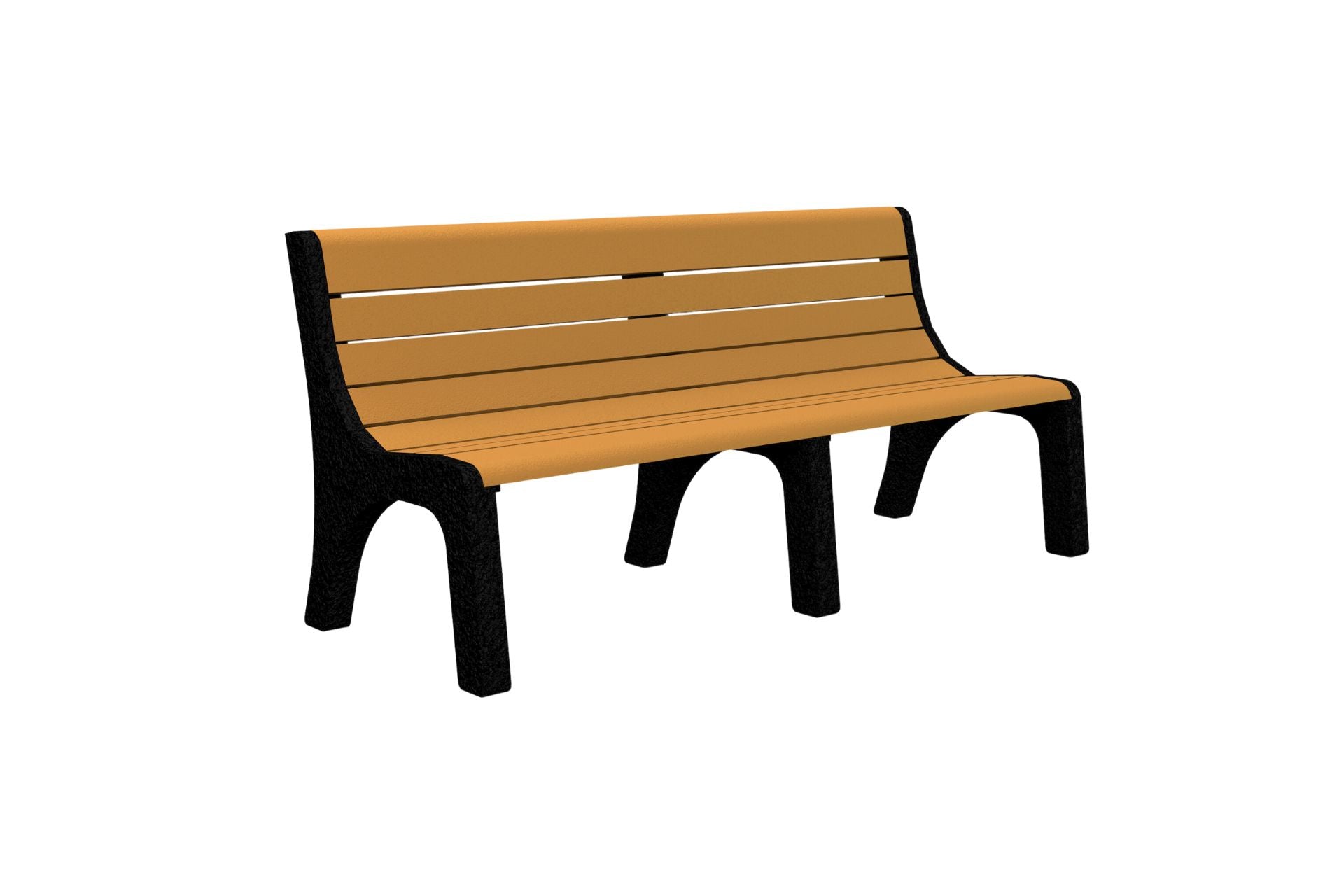 Newport Recycled Plastic Park Bench with tan slats and black sturdy legs, durable eco-friendly outdoor seating