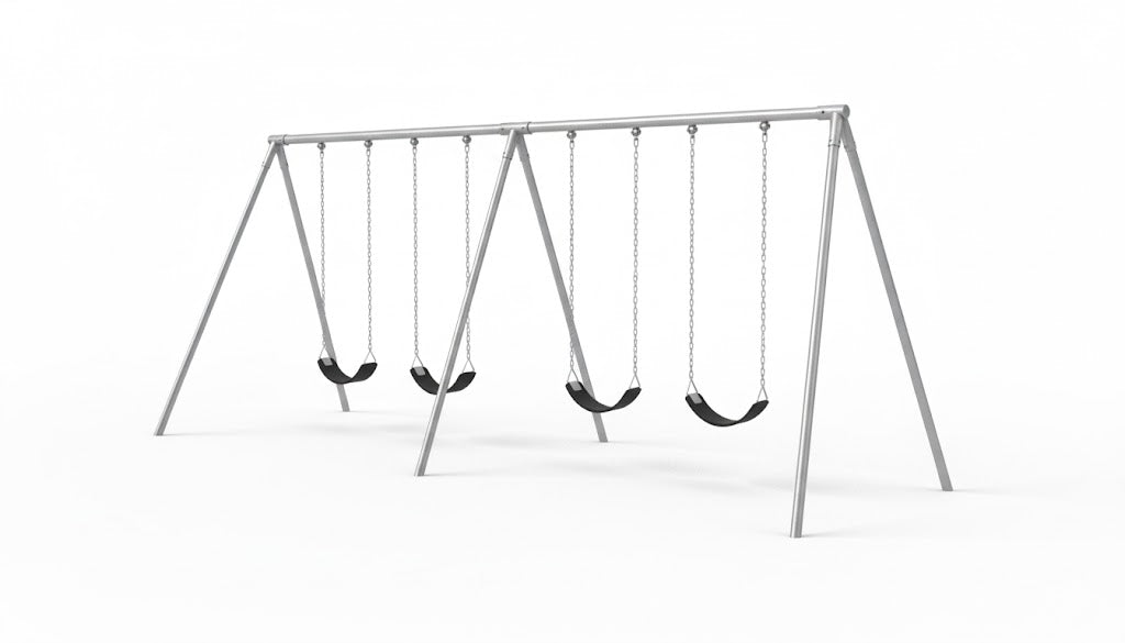 Bipod Swing Set with galvanized steel frame and four black cut-proof seats on chains for outdoor playground use