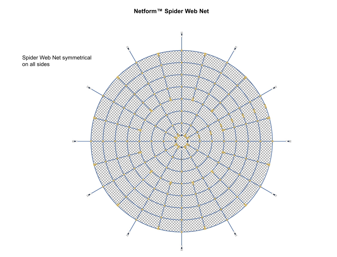 Overhead view of a symmetrical circular playground climbing net with blue ropes and yellow connectors forming a spider web pattern