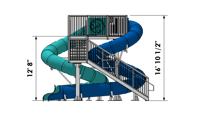 Dual twisting blue and teal water slide with open metal stairs and sturdy support structure for public aquatic use