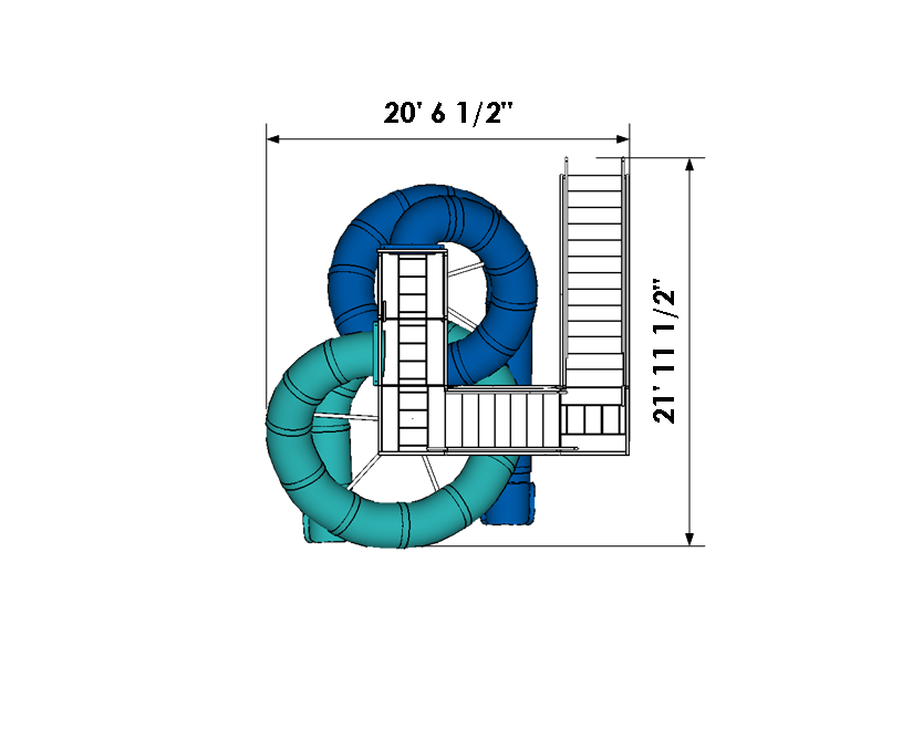 Overhead view of dual twisting enclosed blue and teal water slide flumes with open stair-step platform